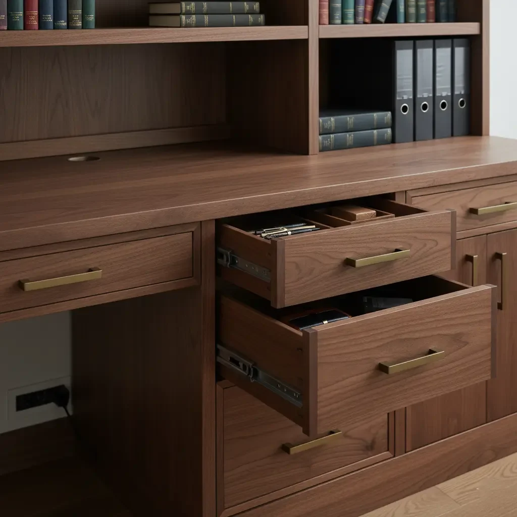 Custom-made desk with drawers and integrated bookshelves, showcasing elegant craftsmanship and functional design.