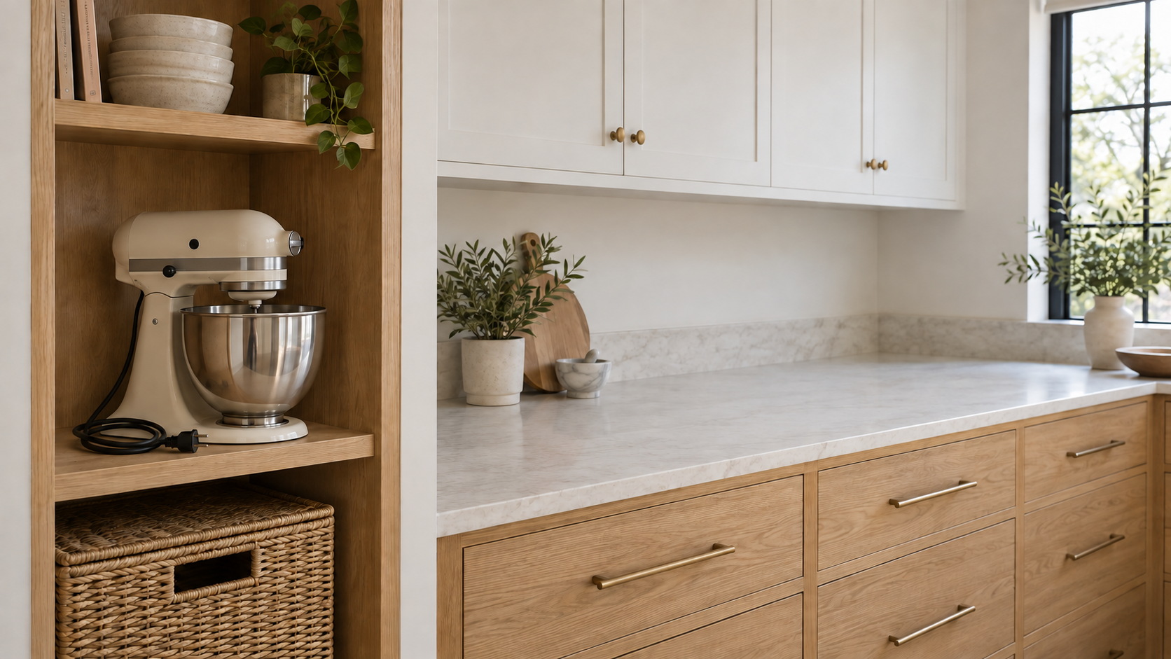 Pantry design illustration with an unplugged mixer stored on an oak shelf beside a clear landing counter.