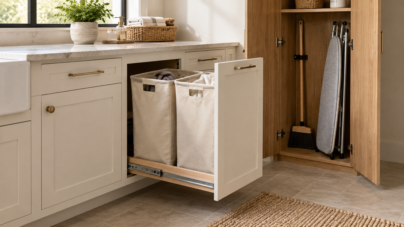 Laundry storage illustration showing two sorting bins on a pull-out beside a tall cupboard for a broom and ironing board.