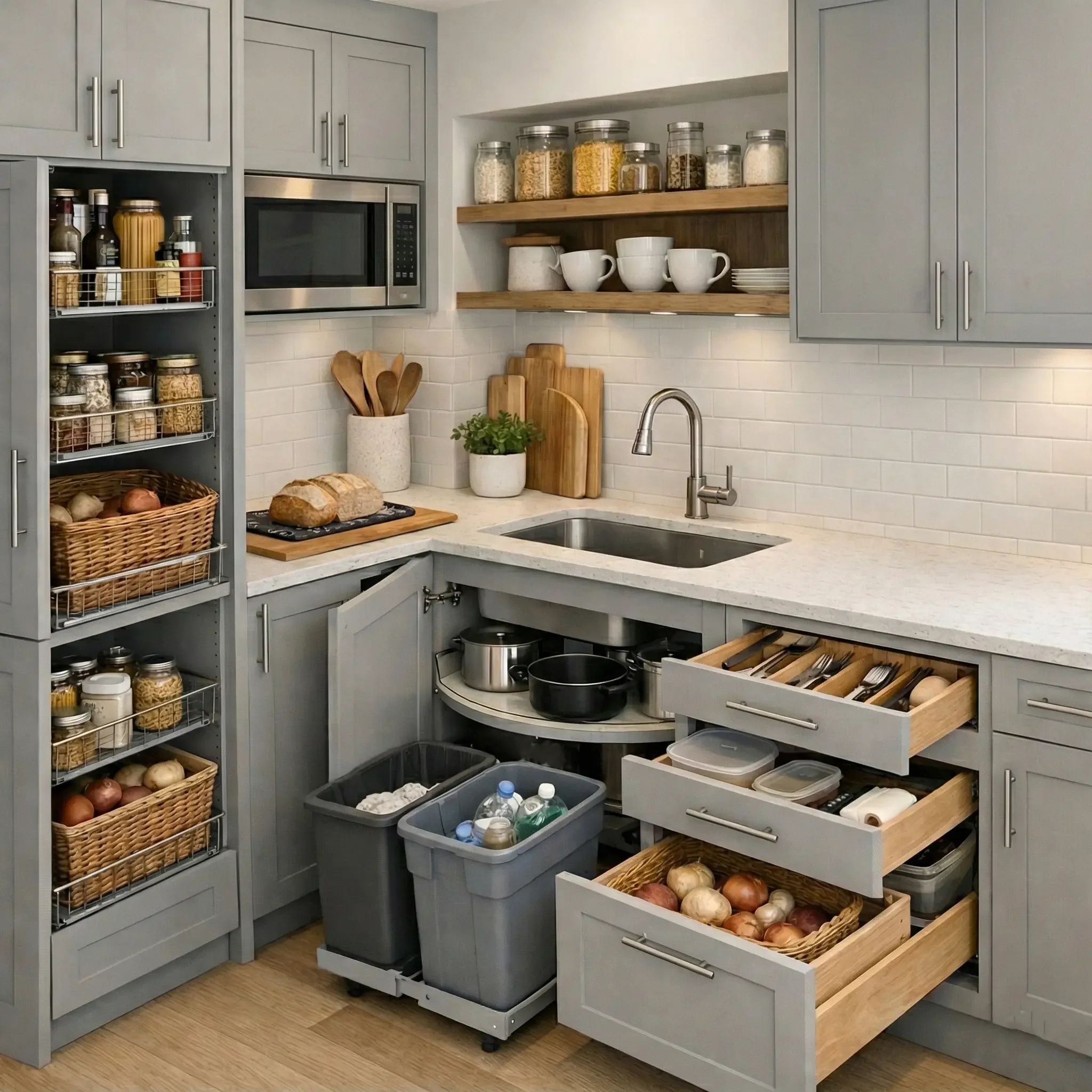 Modern gray kitchen with organized pull-out drawers, pantry shelves, and open storage displaying jars, utensils, produce, and cookware in a compact, efficient layout.