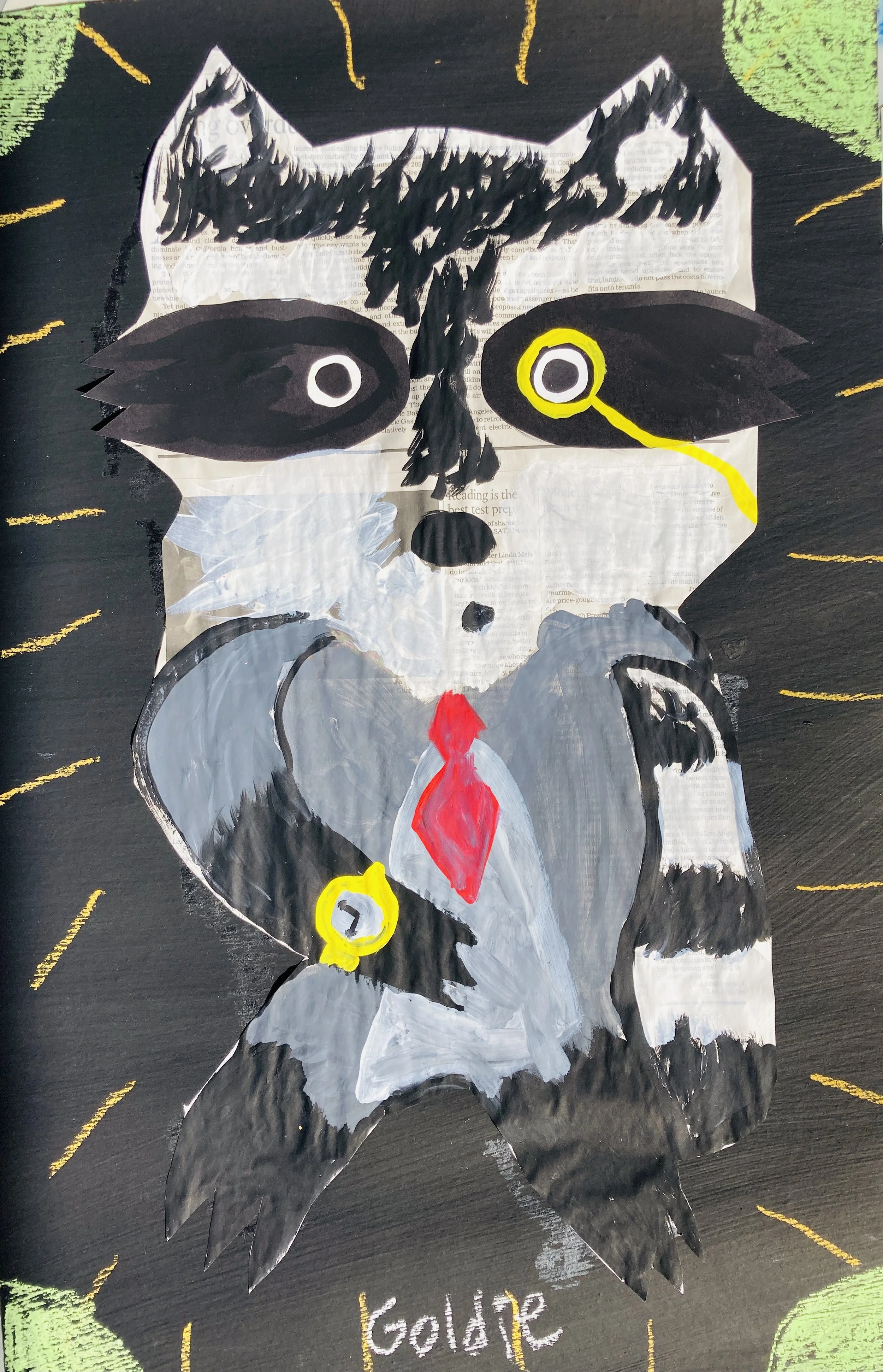  Raccoon Animal Project, collage, pastel, paint 