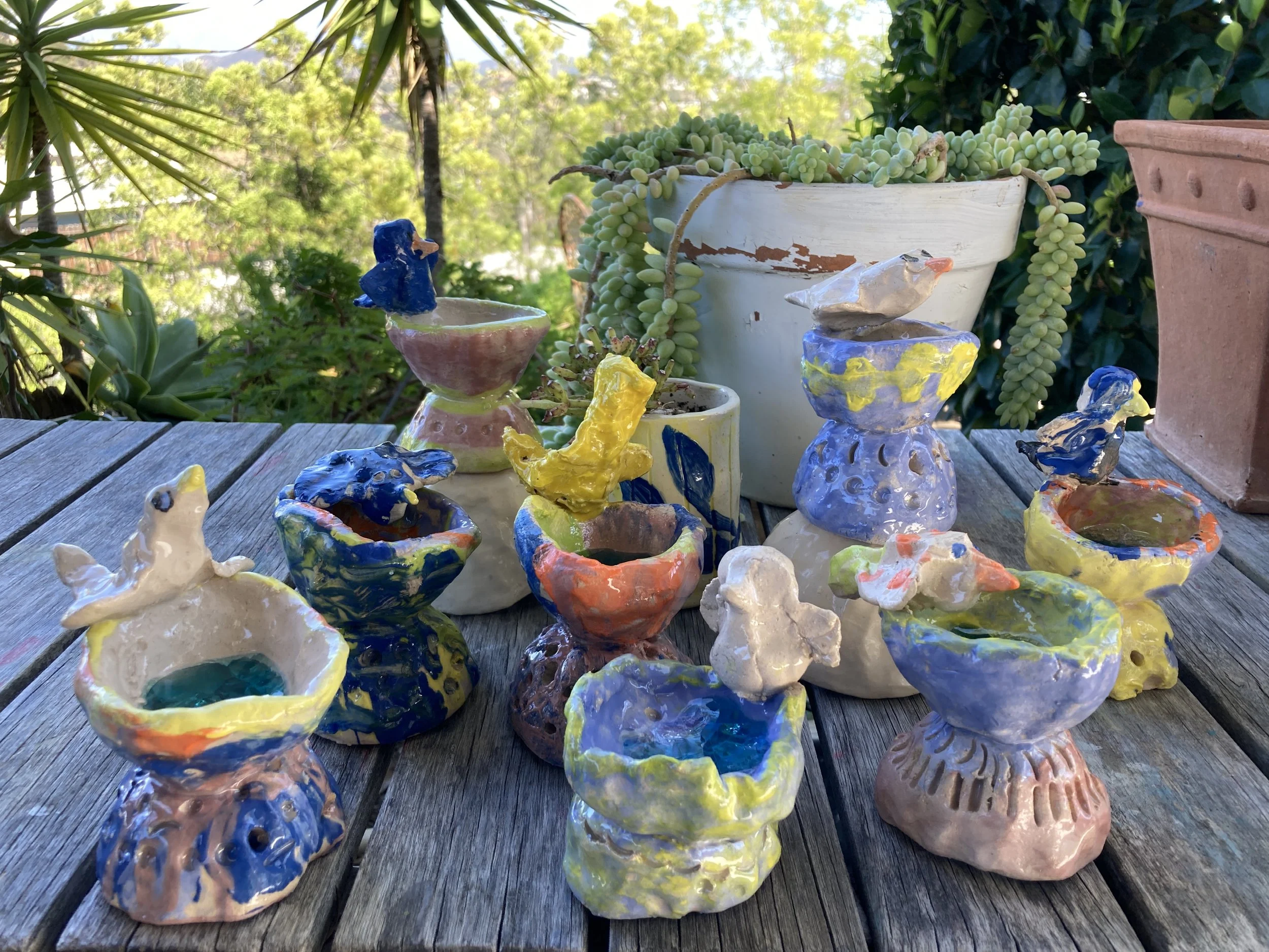  Ceramic Bird Baths, clay, glaze and melted glass beads for the water 