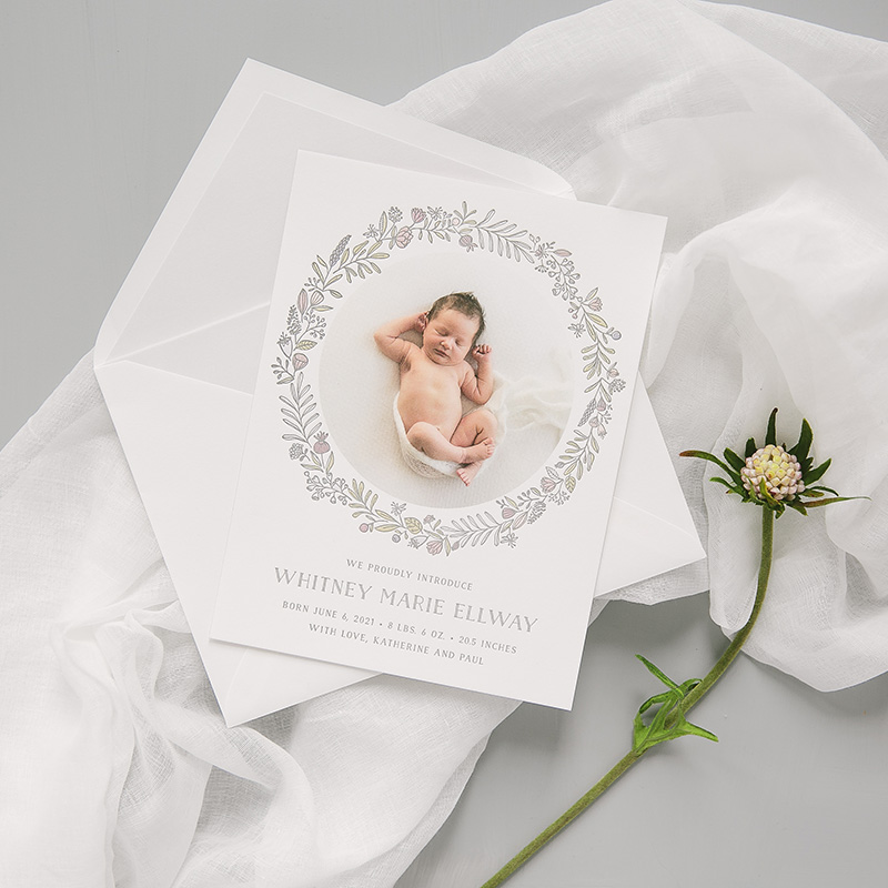 Letterpress, Floral Birth Announcement