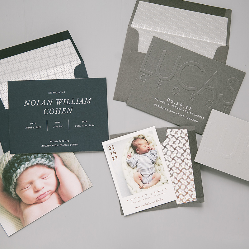 Classic Navy and Gray Birth Announcements with Foil Envelope Liners