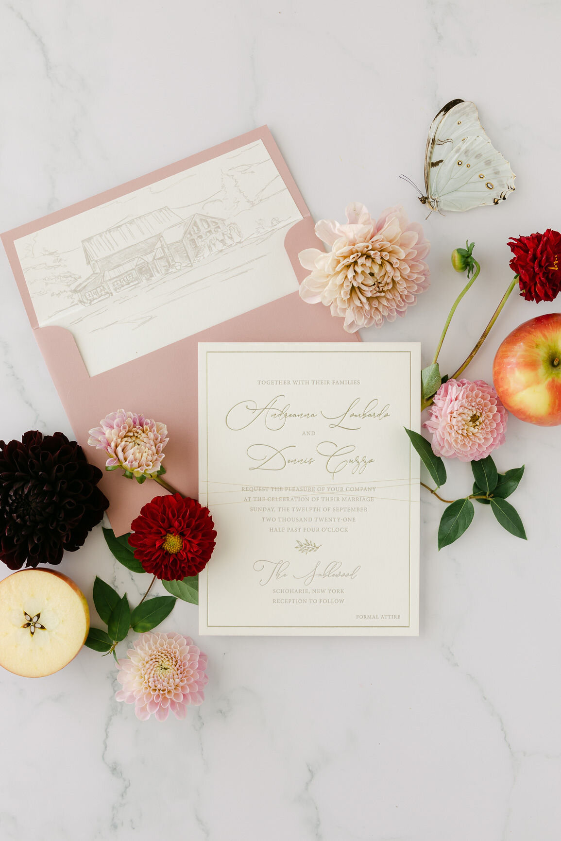 Custom dusty rose wedding invitation with barn illustration for The Sablewood in Upstate New York