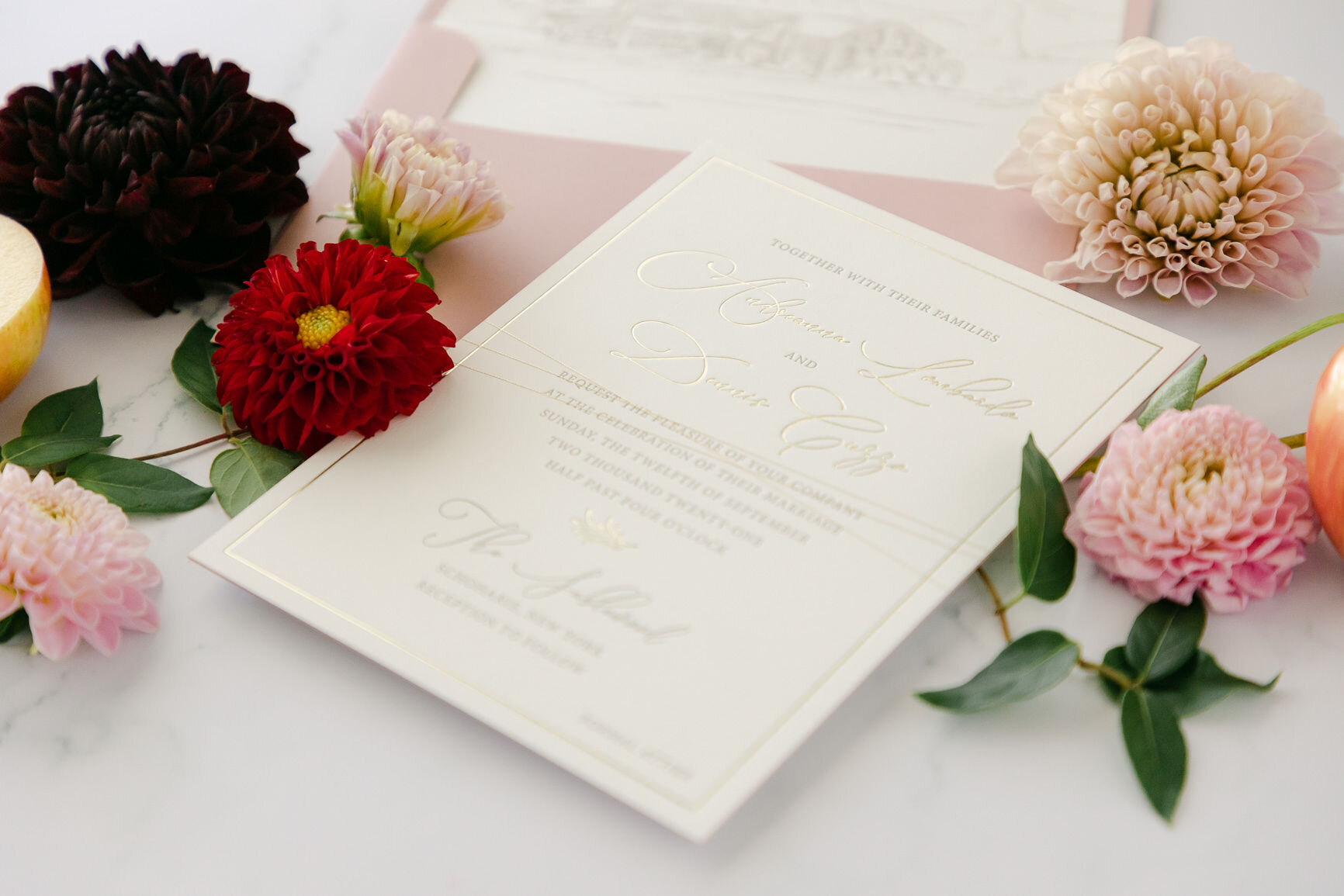 Custom letterpress and foil wedding invitation for The Sablewood in Upstate New York