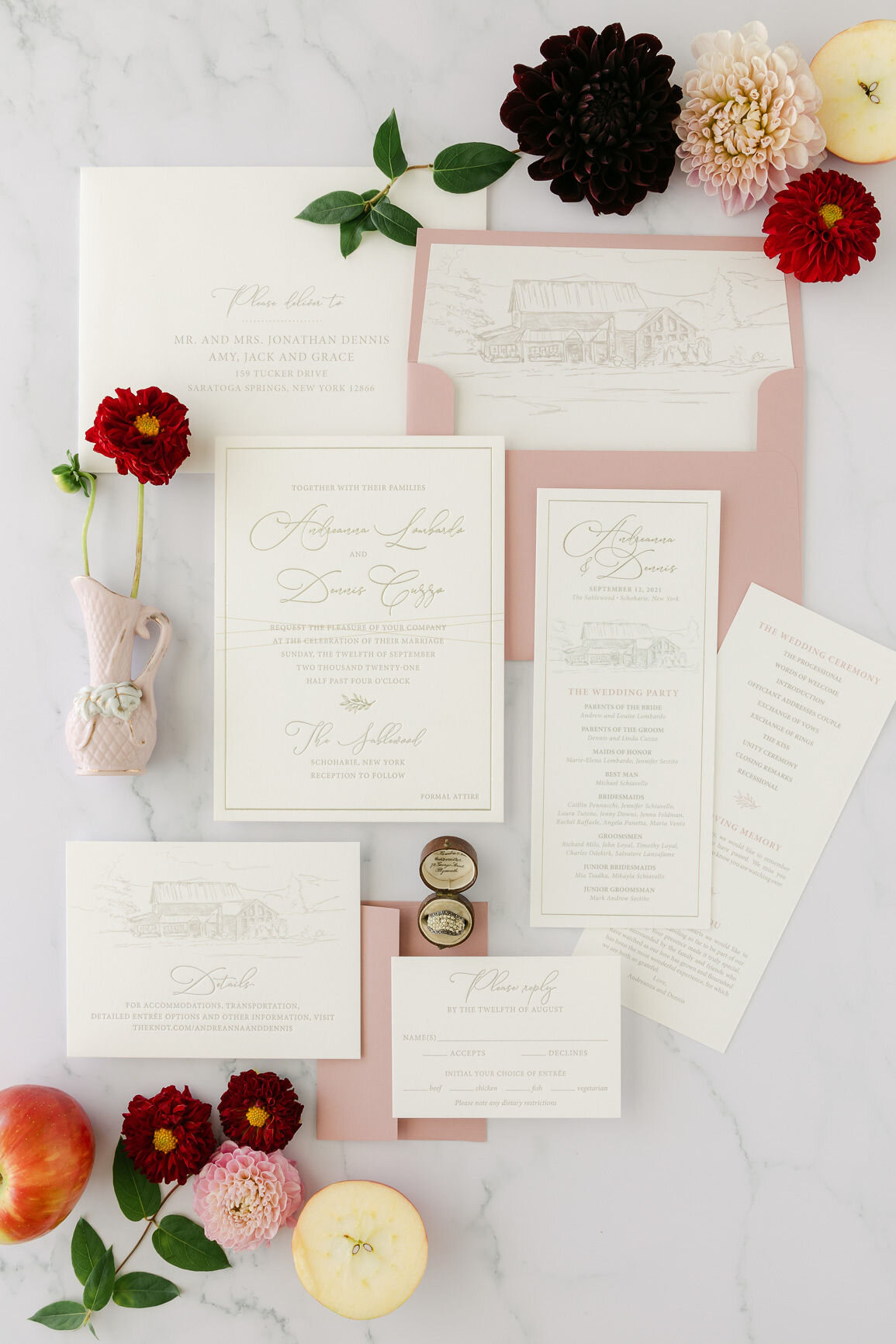 Custom dusty rose wedding invitation and ceremony programs with venue illustration for The Sablewood in Upstate New York