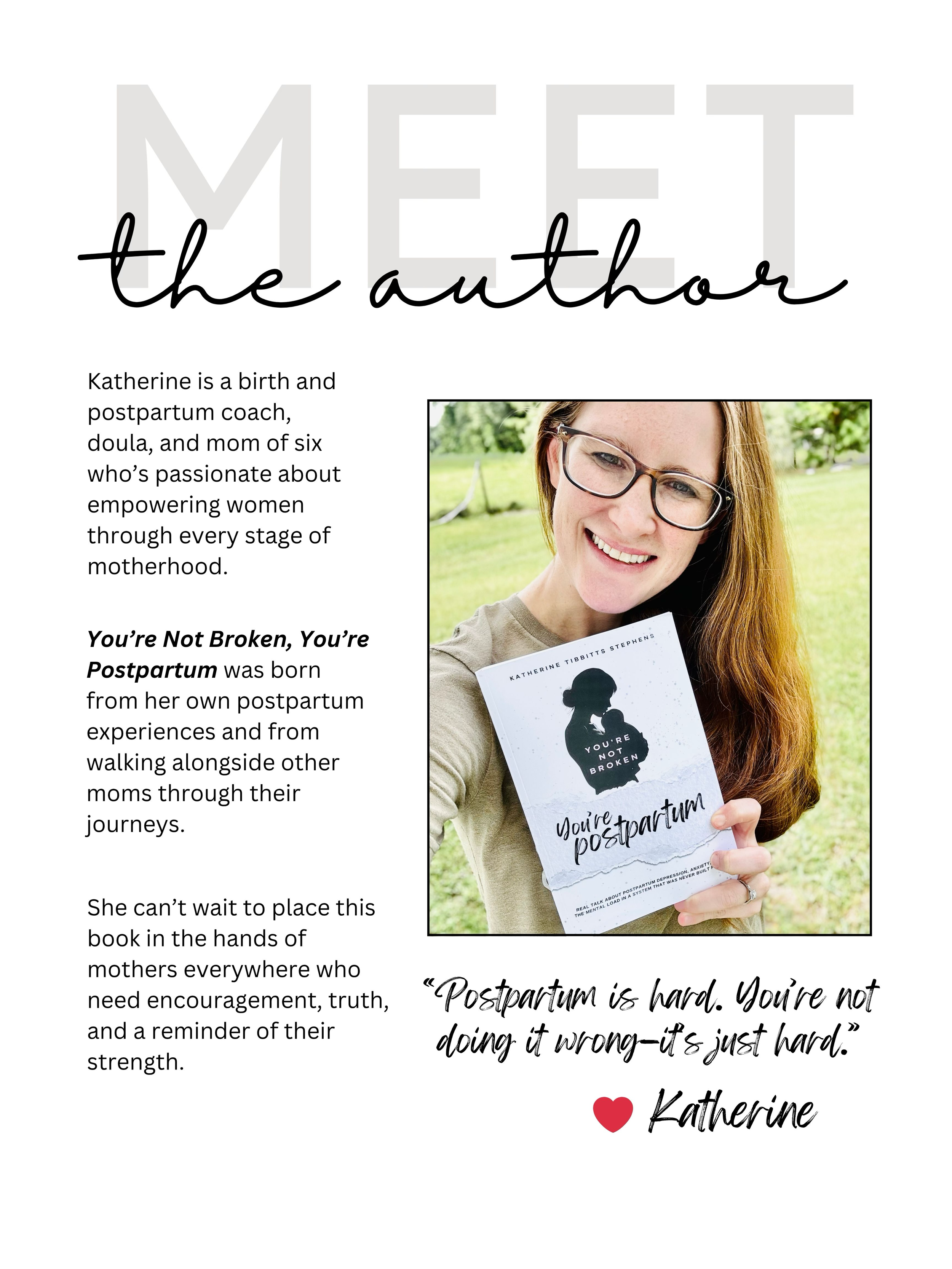 A woman with red hair and glasses holding a book titled 'You're Not Broken, You're Postpartum' outdoors, smiling at the camera.