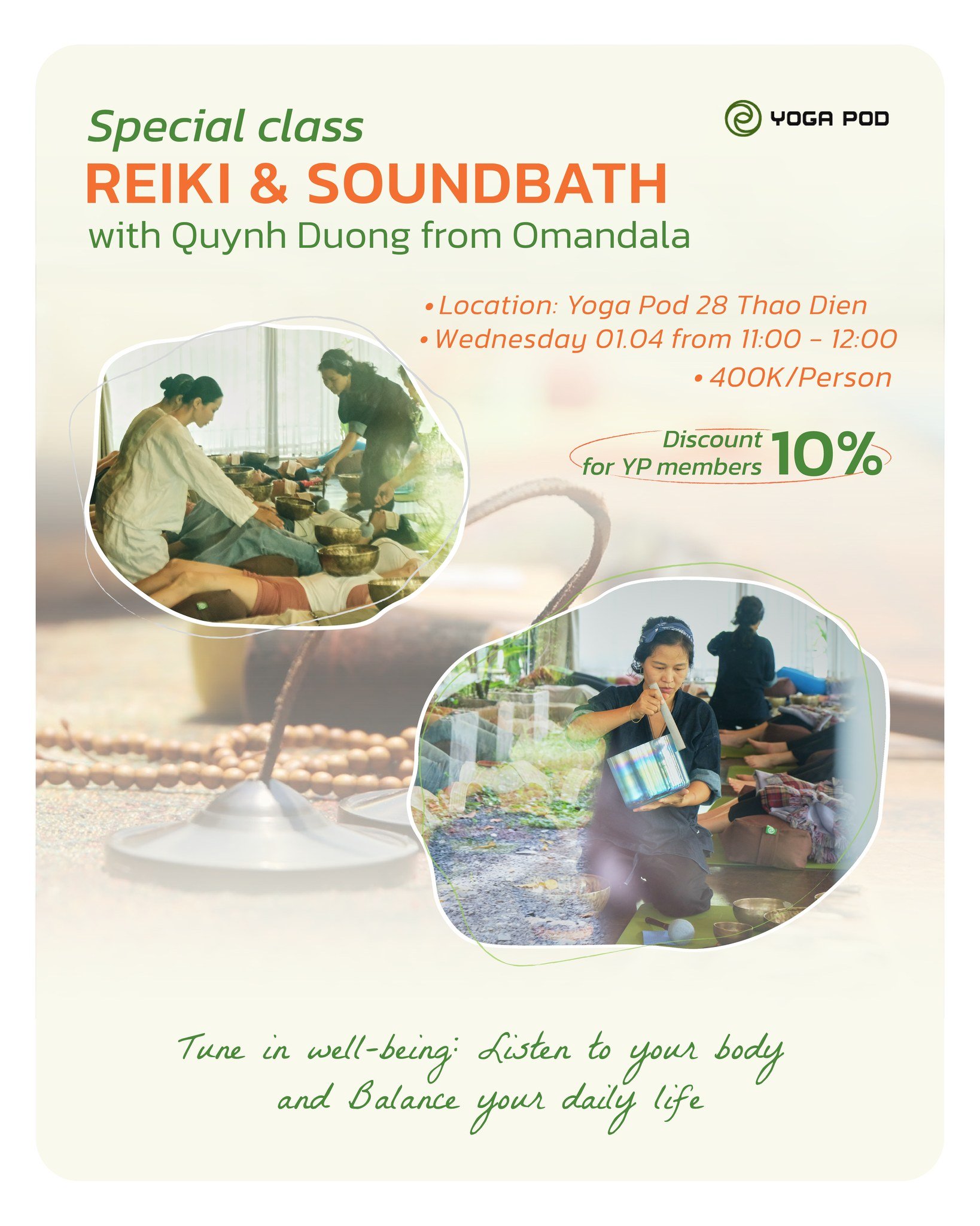 [𝟎𝟏.𝟎𝟒] 🎶 𝐒𝐏𝐄𝐂𝐈𝐀𝐋 𝐂𝐋𝐀𝐒𝐒 - 𝐑𝐄𝐈𝐊𝐈 &amp; 𝐒𝐎𝐔𝐍𝐃𝐁𝐀𝐓𝐇 🍃

Reiki &amp; Soundbath with Omandala will gently return this April at Yoga Pod, opening a soft pause for you to slow down and nurture yourself from within

Whether you 