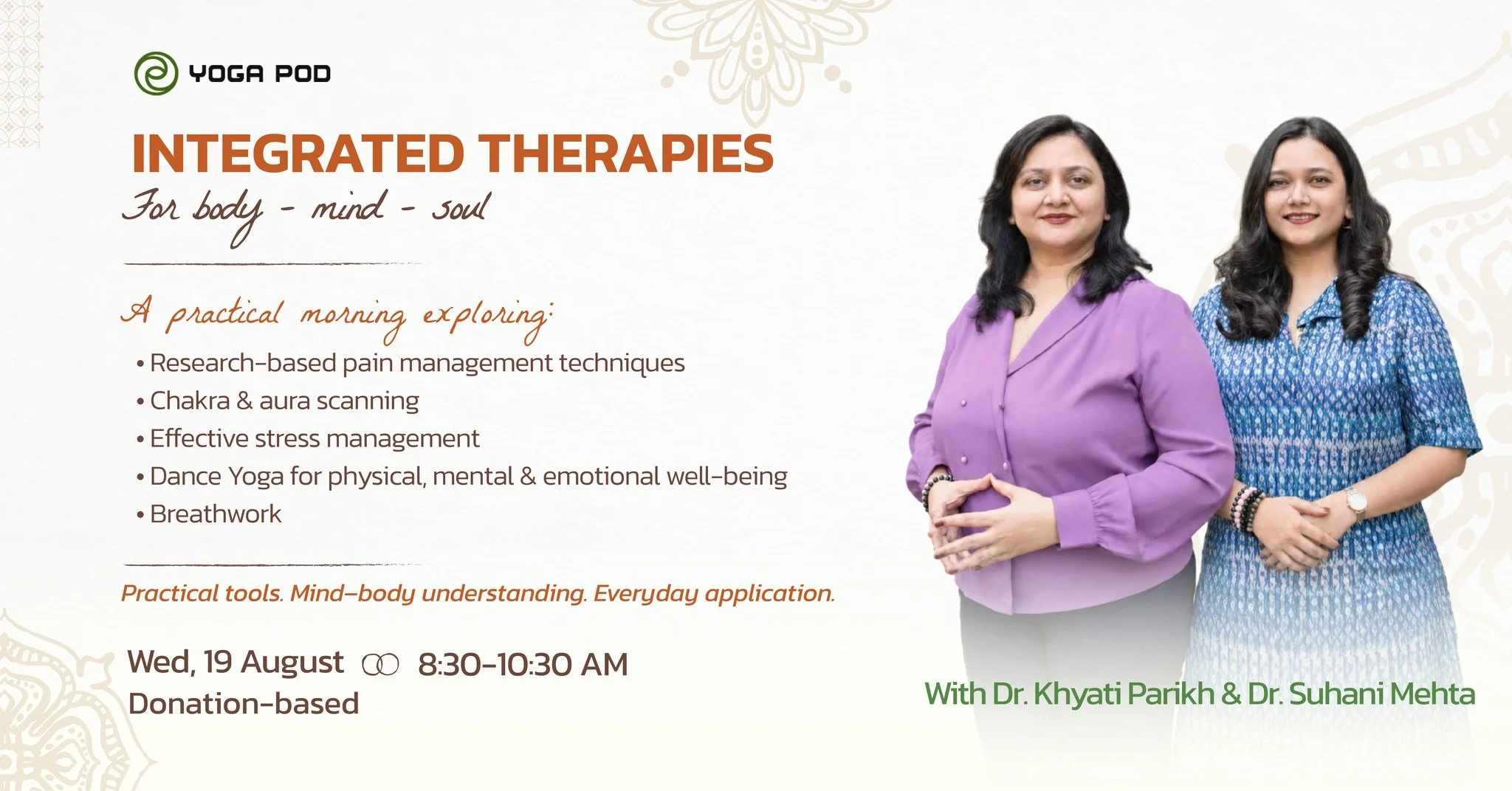 (Vui l&ograve;ng xem Tiếng Việt b&ecirc;n dưới)

HAPPENING TOMORROW 🌿

Tomorrow morning, Integrated Therapies for Body ~ Mind ~ Soul with Dr. Khyati Parikh and Dr. Suhani Mehta will bring knowledge closer to practice through a two-hour session at Po