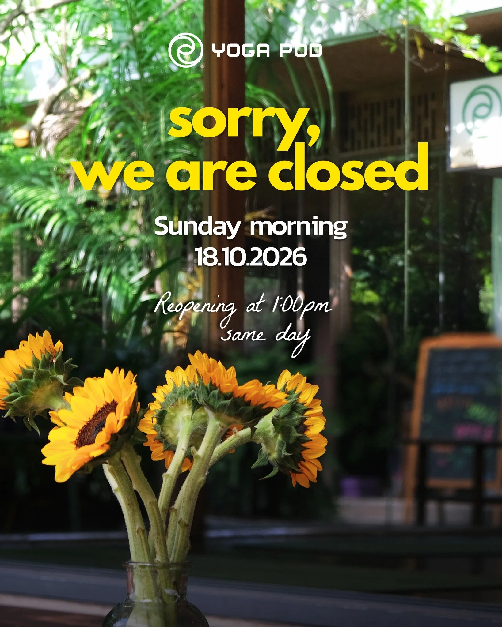📢 [NOTICE] WE ARE CLOSED THIS SUNDAY MORNING FOR A SPECIAL EVENT

Dear YP Fam, 💌

This Sunday, 18 October, Yoga Pod will be closed in the morning as we hosts Serene &amp; Free at Serene Saigon, a special morning celebrating Vietnamese Women&rsquo;s