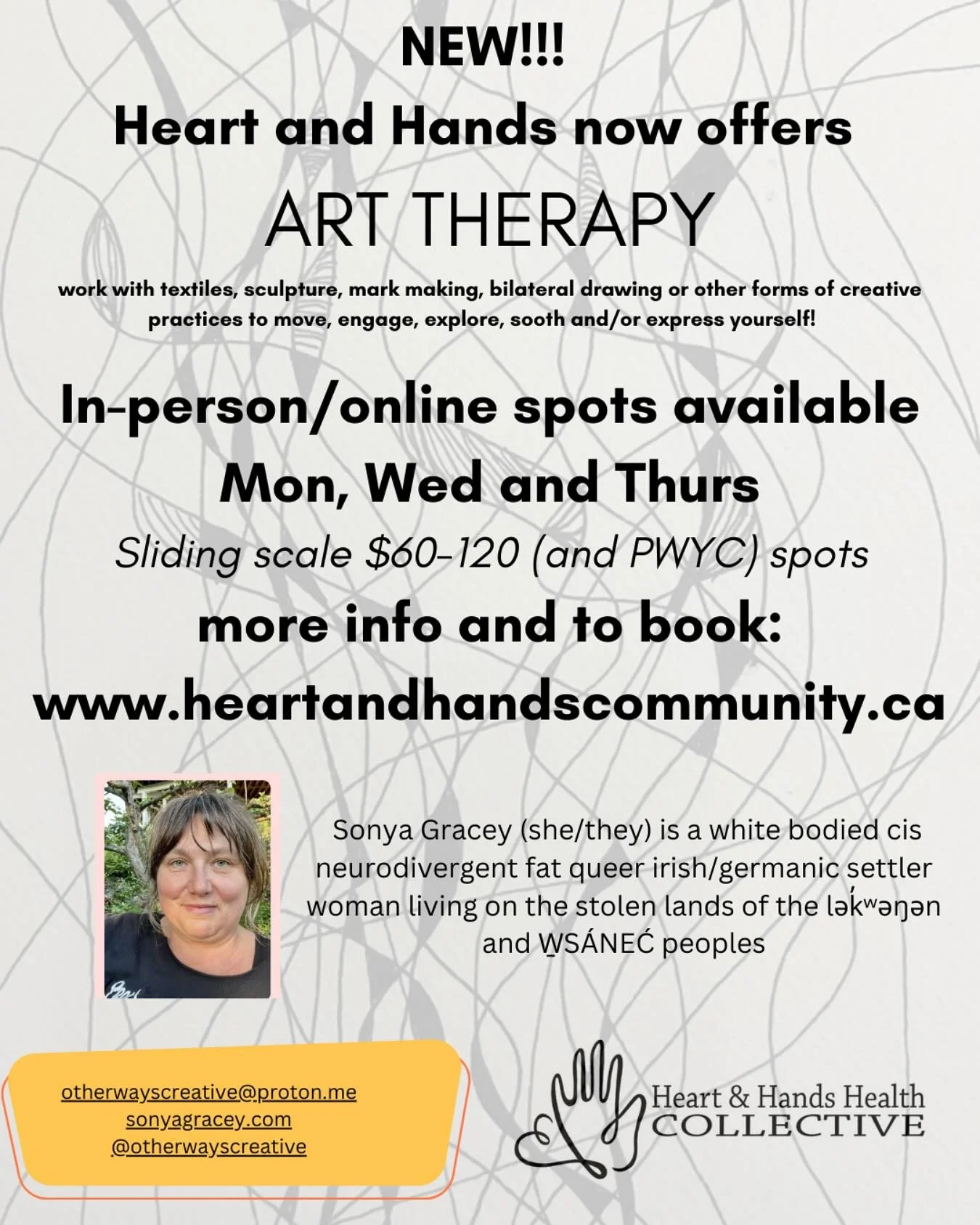 Stoked to be joining the amazing accu-punks @heartandhandsyyj community holistic health clinic offering Art Therapy sessions sliding scale and PWYC 

(🤞🏼does this make me a thera-punk? Or an art-punk maybe ? Either ways works for me!) 

Book a free