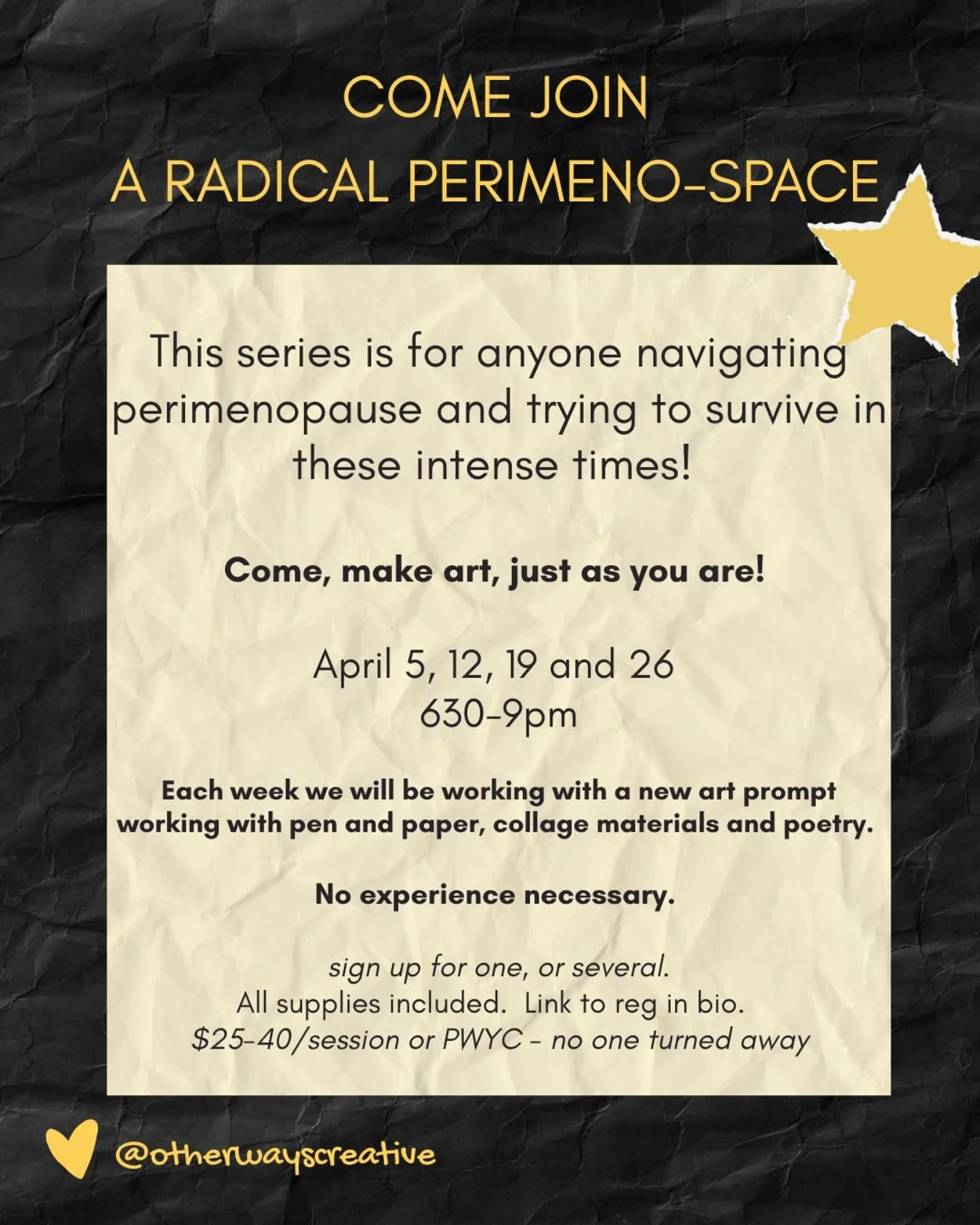 Hey community! You may have seen this announced on the @heartandhandsyyj IG page but I want to also do a little promo! 

Come experience group art therapy while I complete my internship hours with @katiarttherapy! 

April 5, 12,19 and 26 
630-9pm 

S