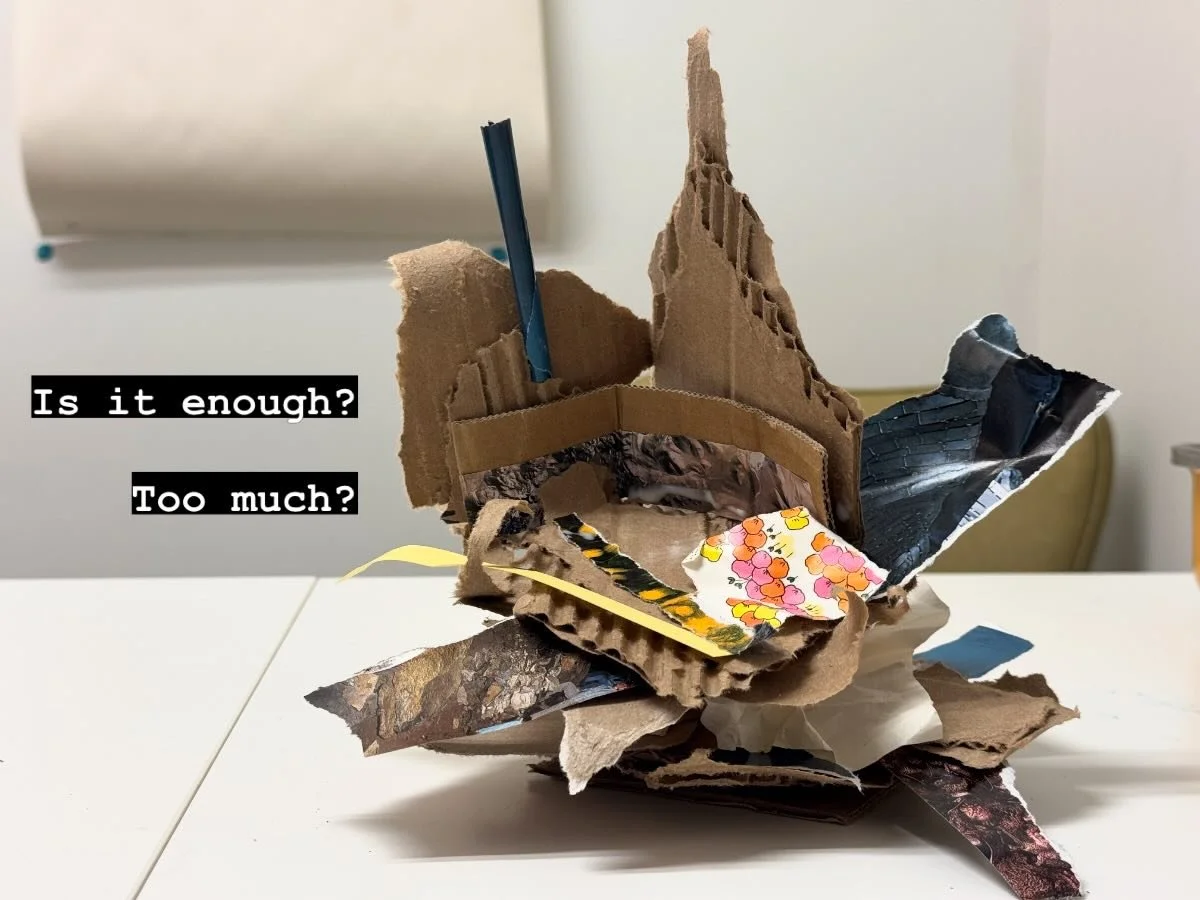 Isn&rsquo;t it fucked how much time we spend wondering if we are or are not enough?  Carrying this sense, these stories of toooo much or nooottttt enough. 

Like this art. Made randomly from a recycling bin. Just because. With bits of torn paper, and