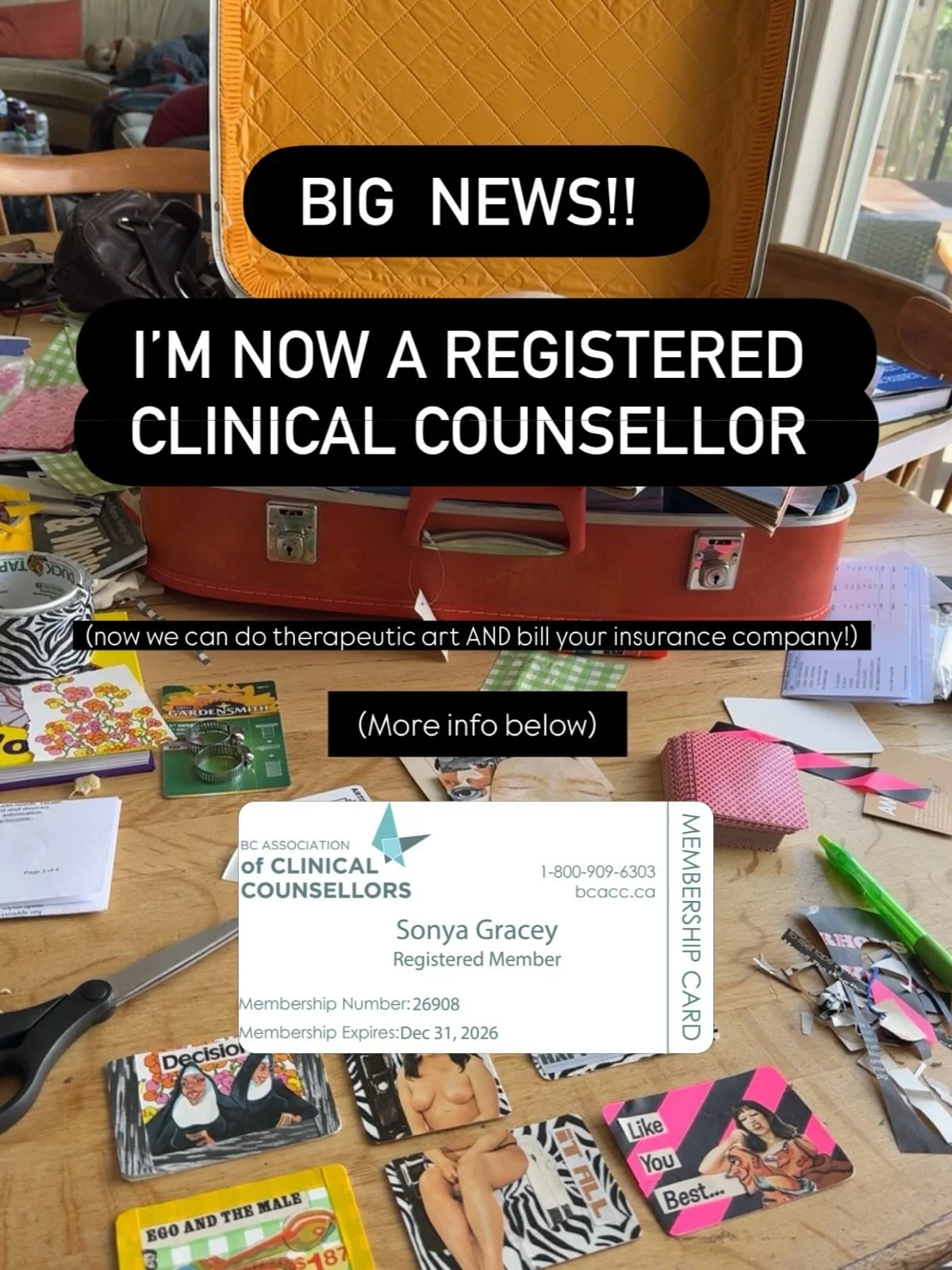 As of now I am a registered clinical counsellor (RCC) with the British Columbia Association of Clinical Counsellors! 

Which is great because it means for any of you with a benefits package there is a greater likelihood your insurance will acknowledg