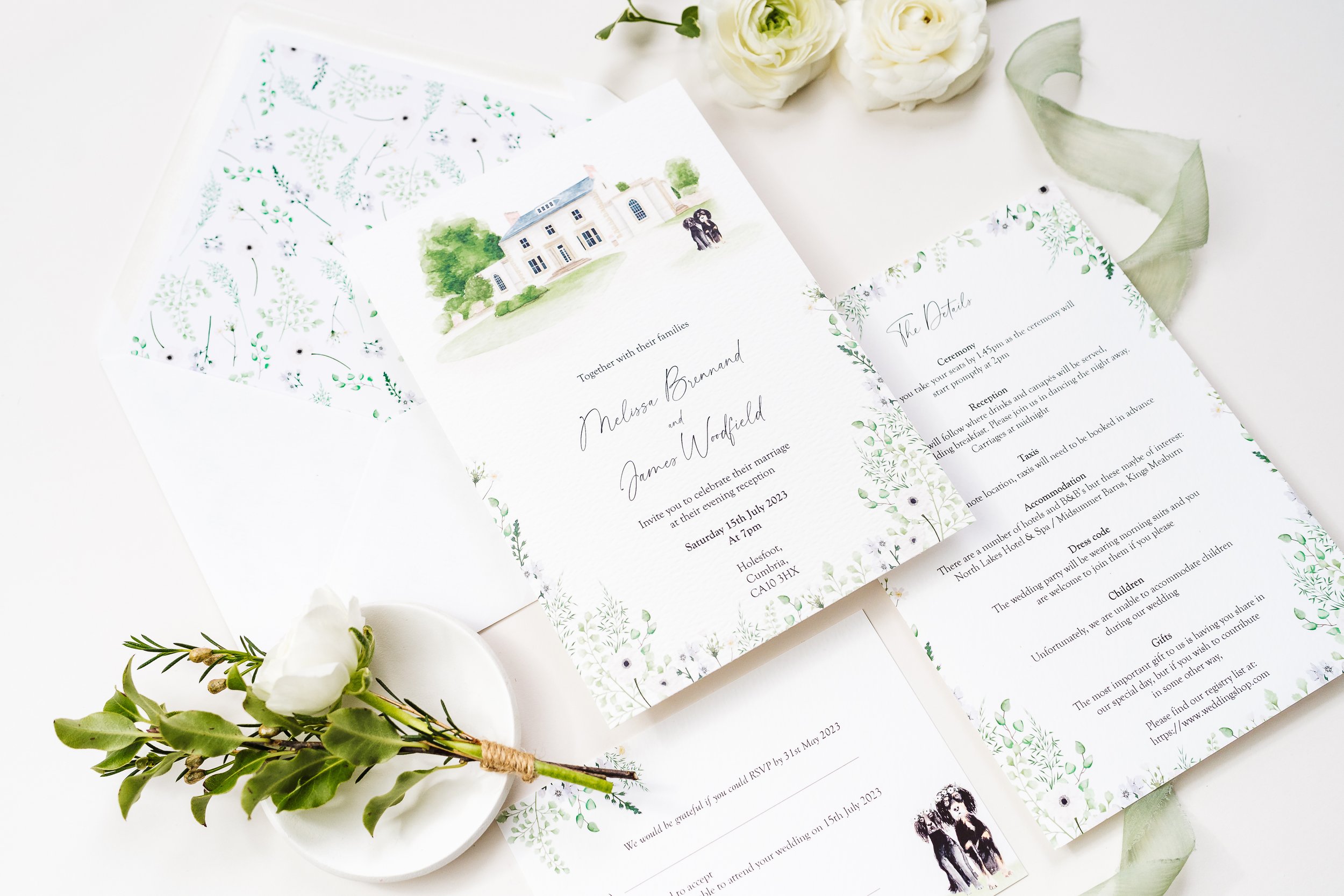 Watercolour wedding invites with pet portrait