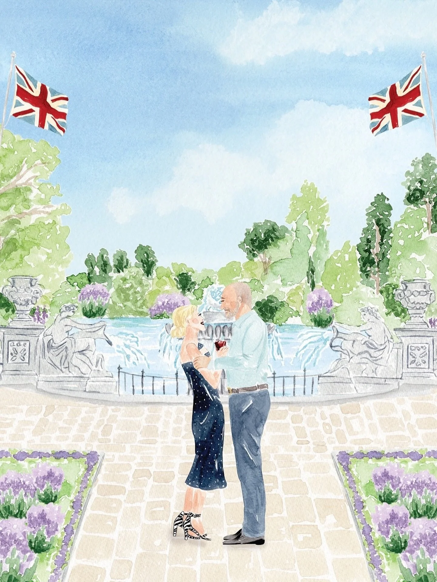A watercolour painting from J&amp;J&rsquo;s engagement in Hyde Park to adorn the cover of their invitation suite. I designed their stationery with a picture book feel in mind, carefully illustrating each element within the story to create a beautiful
