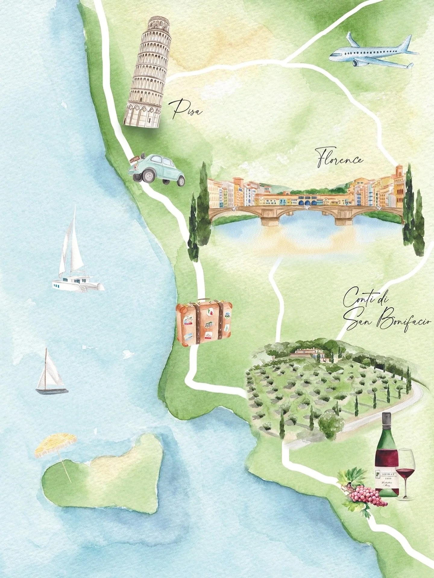 I love everything about this wedding map &hellip; the leaning tower of Pisa, the vintage suitcase and Italian mini, the vineyard and bunch of grapes. The perfect introduction to a destination wedding in Italy.

#destinationwedding #italianwedding #cu