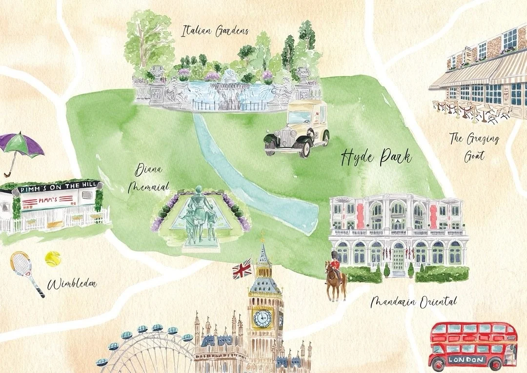 A watercolour wedding map of London centred around Hyde Park. We included @thegrazinggoatw1 where the welcome dinner was held, @mo_hydepark where the wedding and reception took place and some of the couples favourite spots in London. We even included
