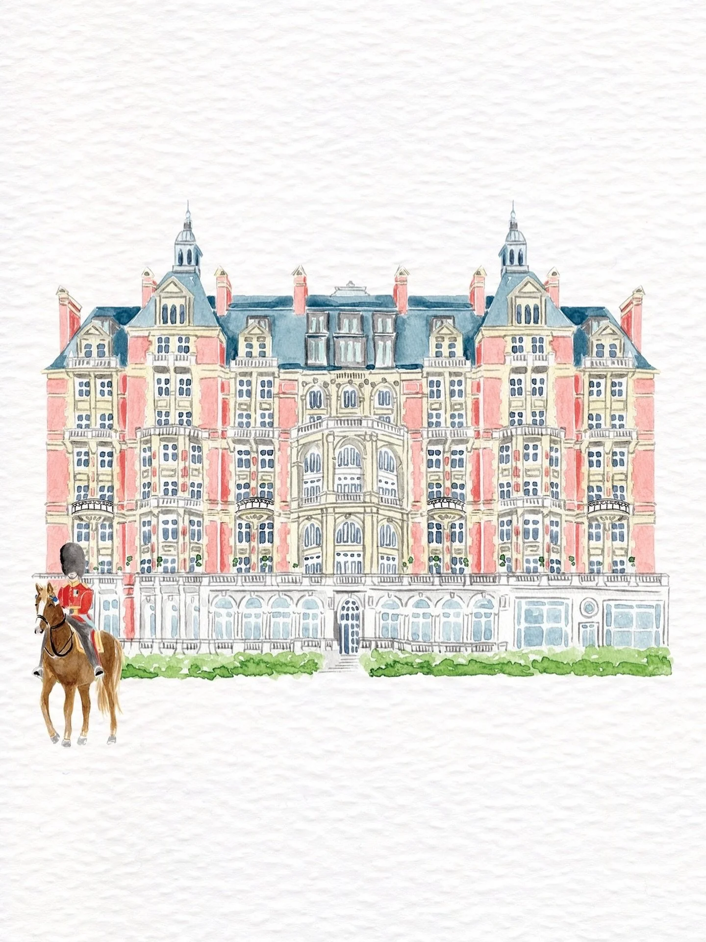 The glorious Mandarin Oriental in Hyde Patk with a traditional Beefeater on horseback standing guard. Painted for a bespoke invitation suite with a picture-book aesthetic.

#venuepainting #venueillustration #customweddinginvitations #bespokeweddingst