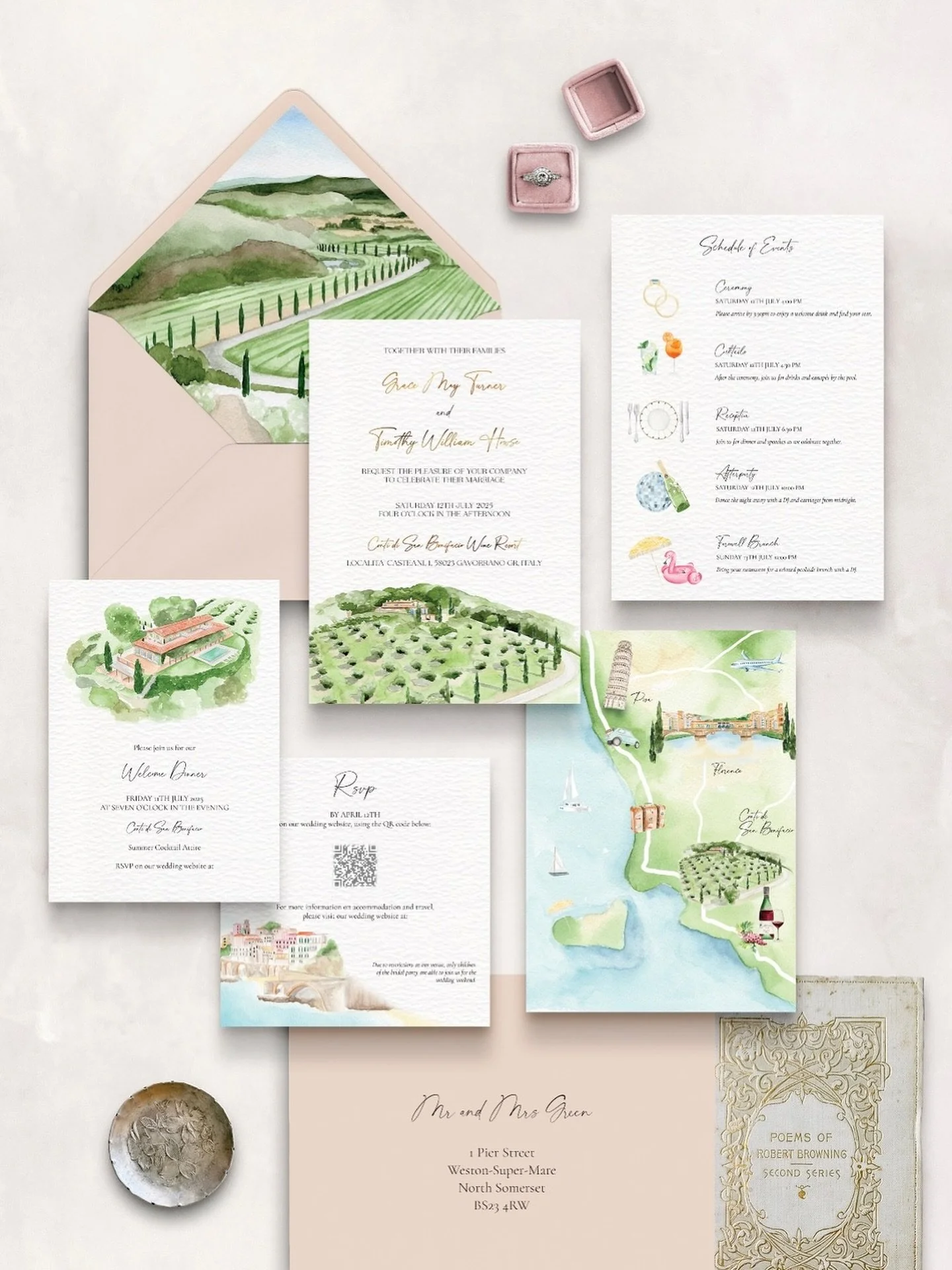 A beautiful custom suite for an Italian vineyard wedding earlier this summer.  A love letter to the Italian countryside, with 2 paintings of @contidisanbonifacio and the surrounding gardens and vines. And a third painting of the winding road lined wi