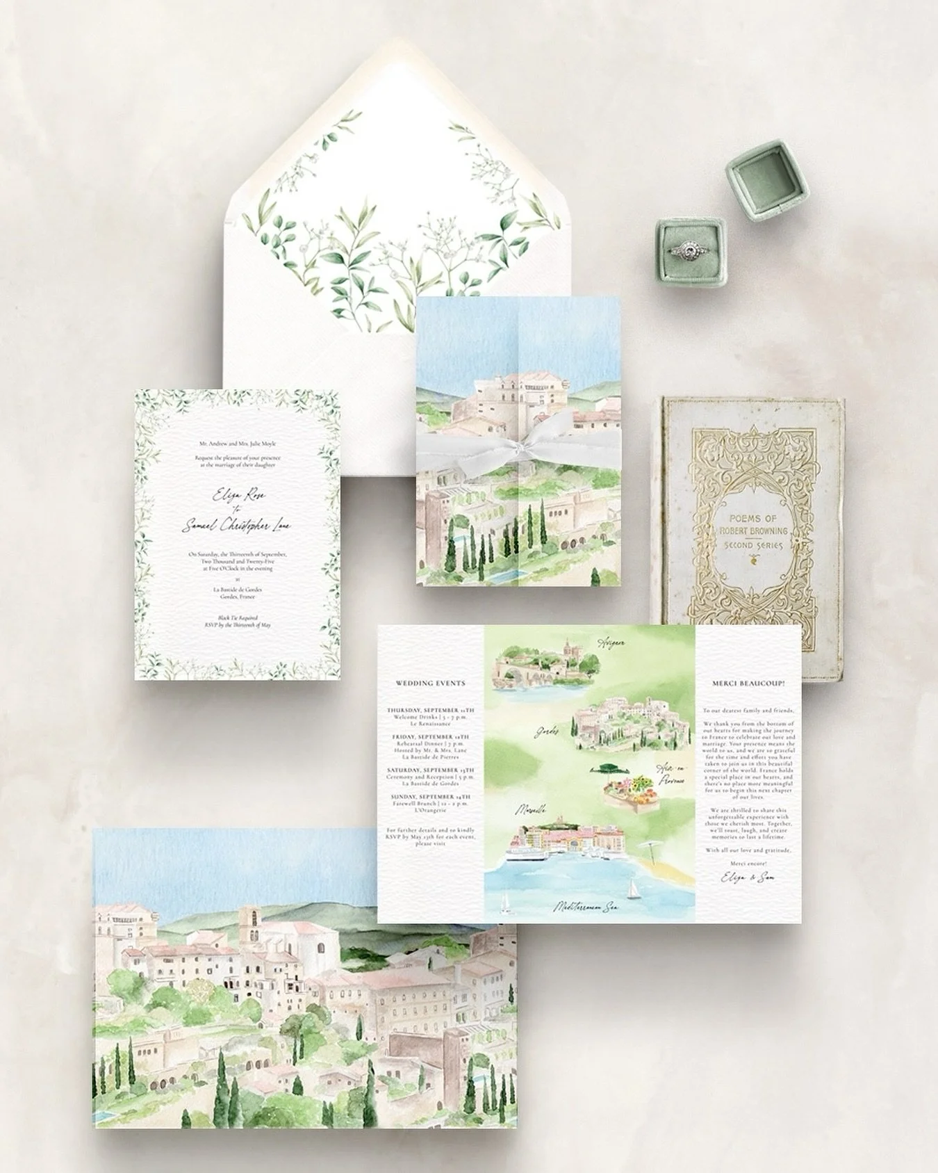 A beautiful invitation suite for a breathtaking French wedding earlier this summer. The suite was wrapped in a gatefold card which featured a stunning painting of the venue and surrounding landscape on the exterior. The interior opened to reveal a ha