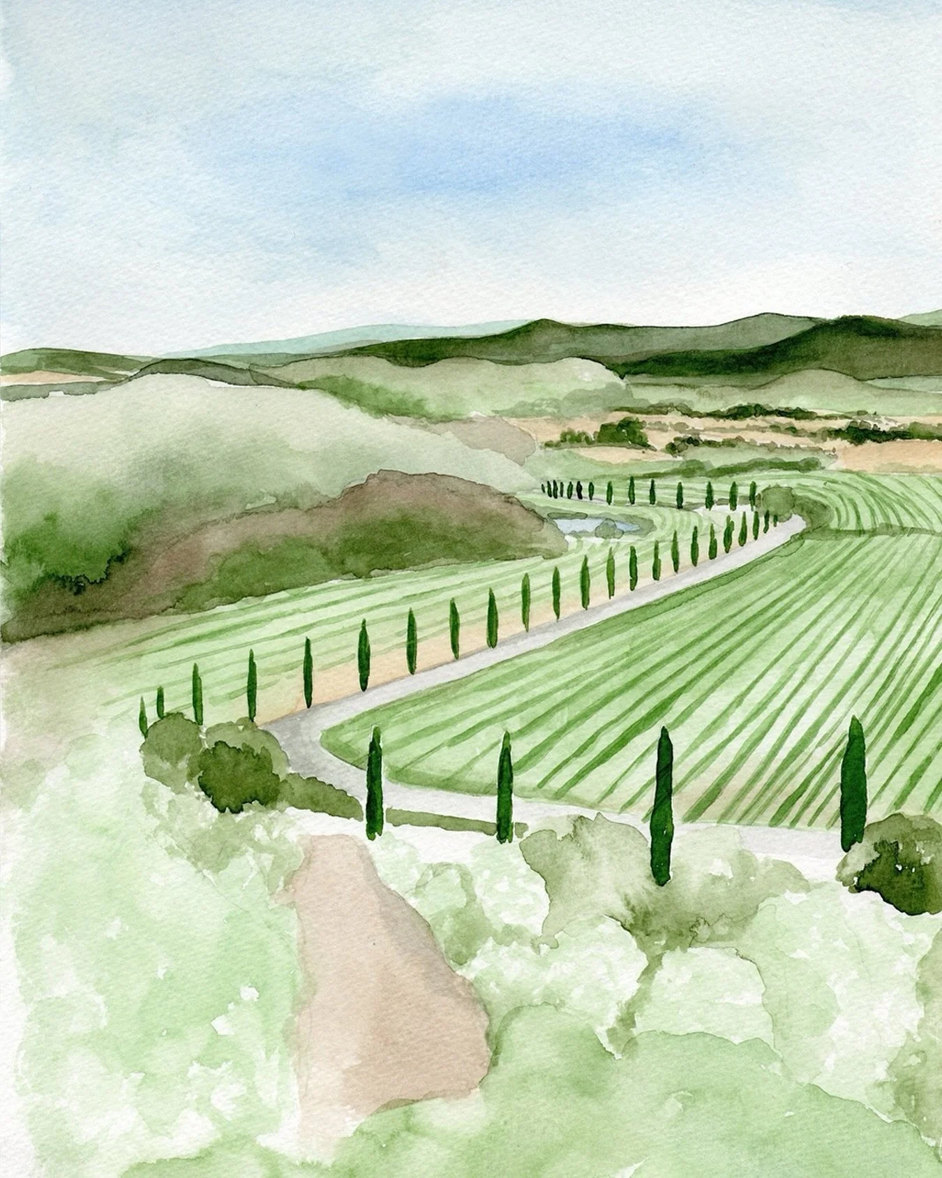 Winding roads lined with Cypress trees leading to the stunning @contidisanbonifacio We used this painting on the envelope liner so that guests could envisage arriving at this beautiful location in Tuscany. #envelopeliner #contidisanbonifacio #italian