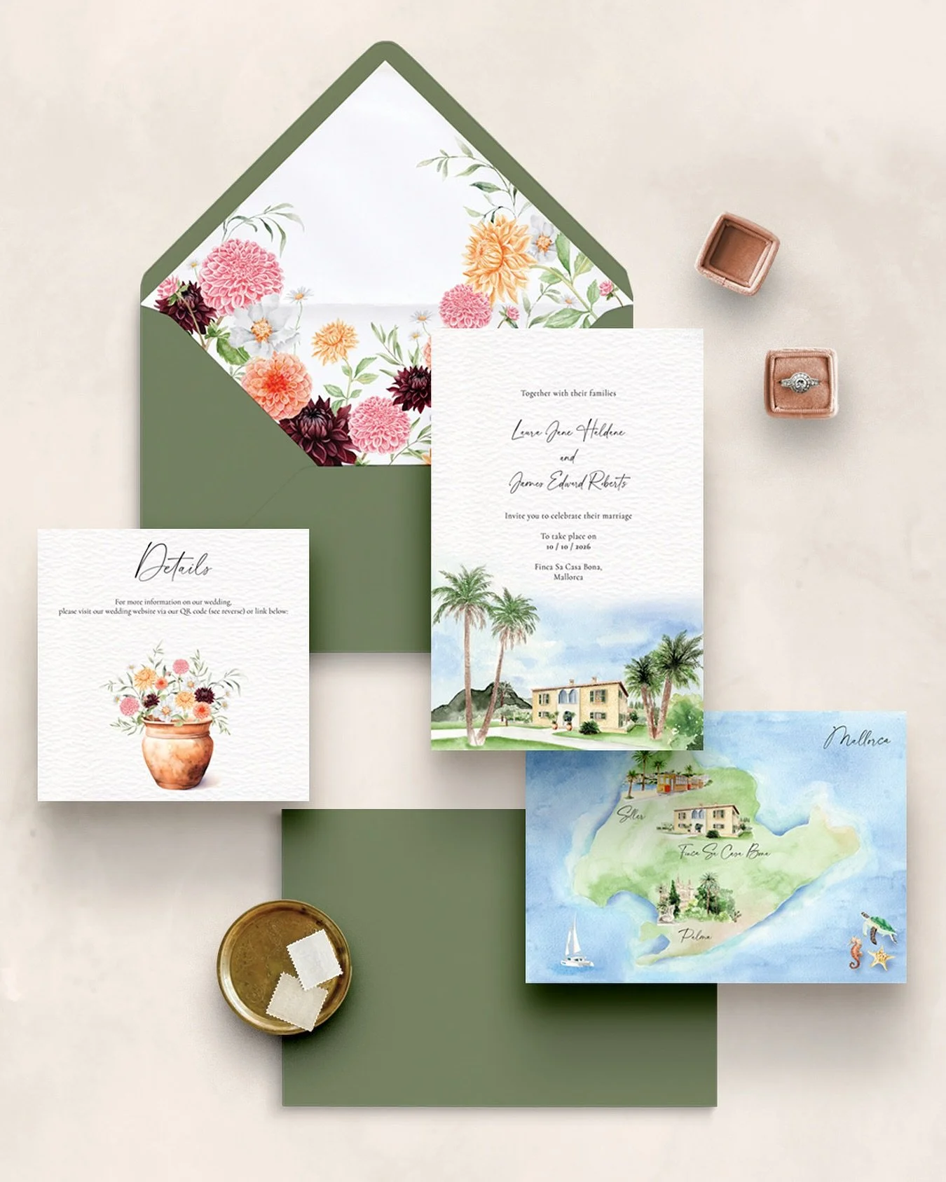 A gorgeous invitation suite featuring the stunning @sacasabona The olive green envelopes, colourful dahlias and terracotta pots made the perfect colour palette. #customweddinginvitations #bespokeweddingstationery #mallorcawedding #destinationweddingi