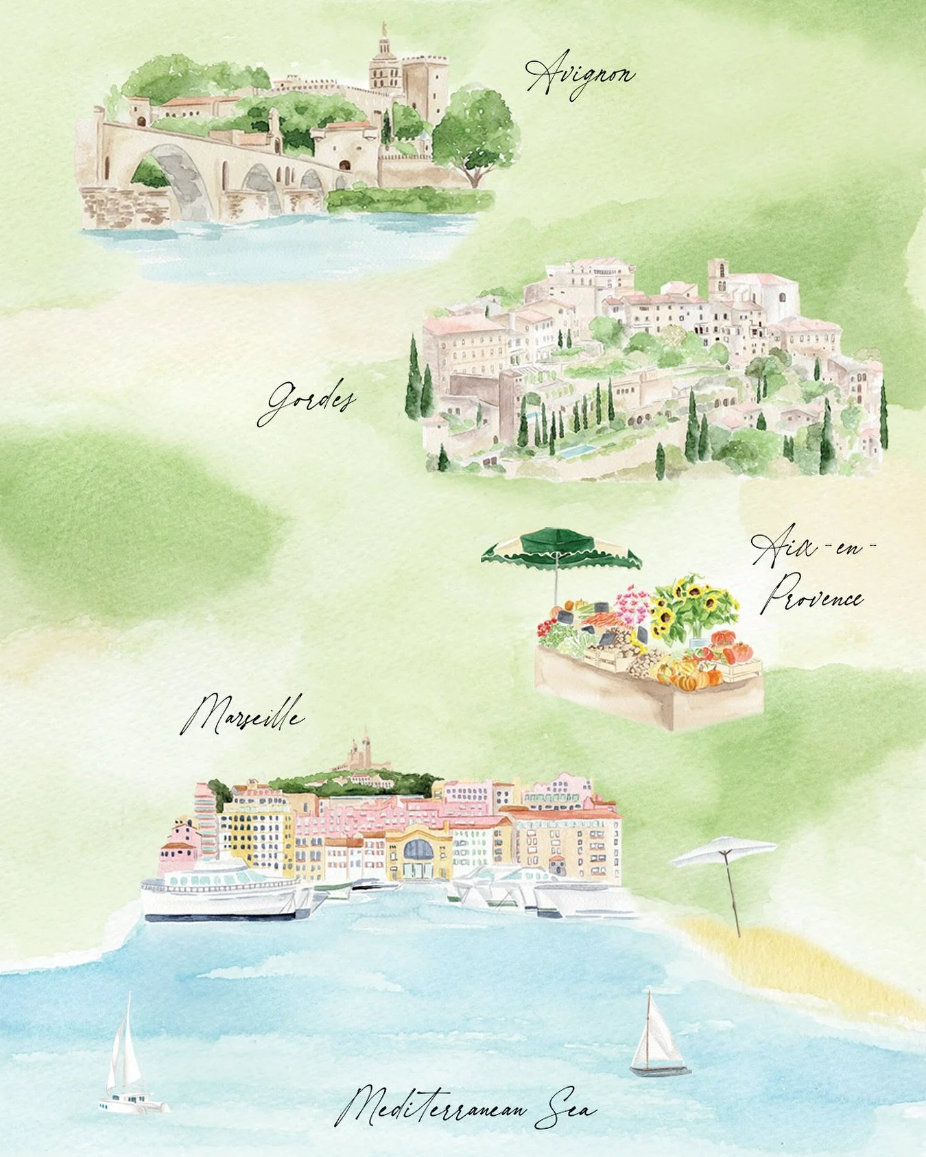 A beautiful French wedding map I painted earlier this summer, featuring @airellesgordes , Marseille, Avignon and Aix-an-Provence. The perfect addition to a destination wedding suite. #customweddinginvitations #bespokeweddingstationery #weddingmap #la