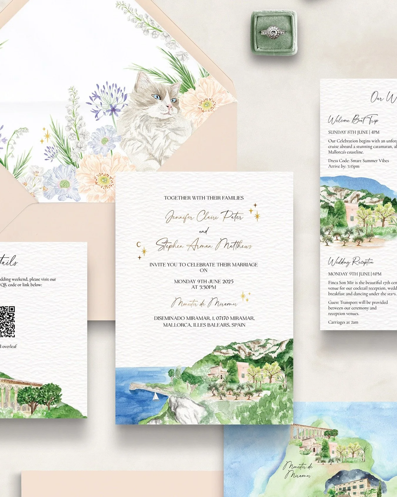 I loved painting this custom invitation suite, from the stunning @monestirdemiramar and surrounding coastline, to an island wedding map and the very beautiful (and a little sassy) Luna the cat. The hand pressed gold foil on the invitation was the per