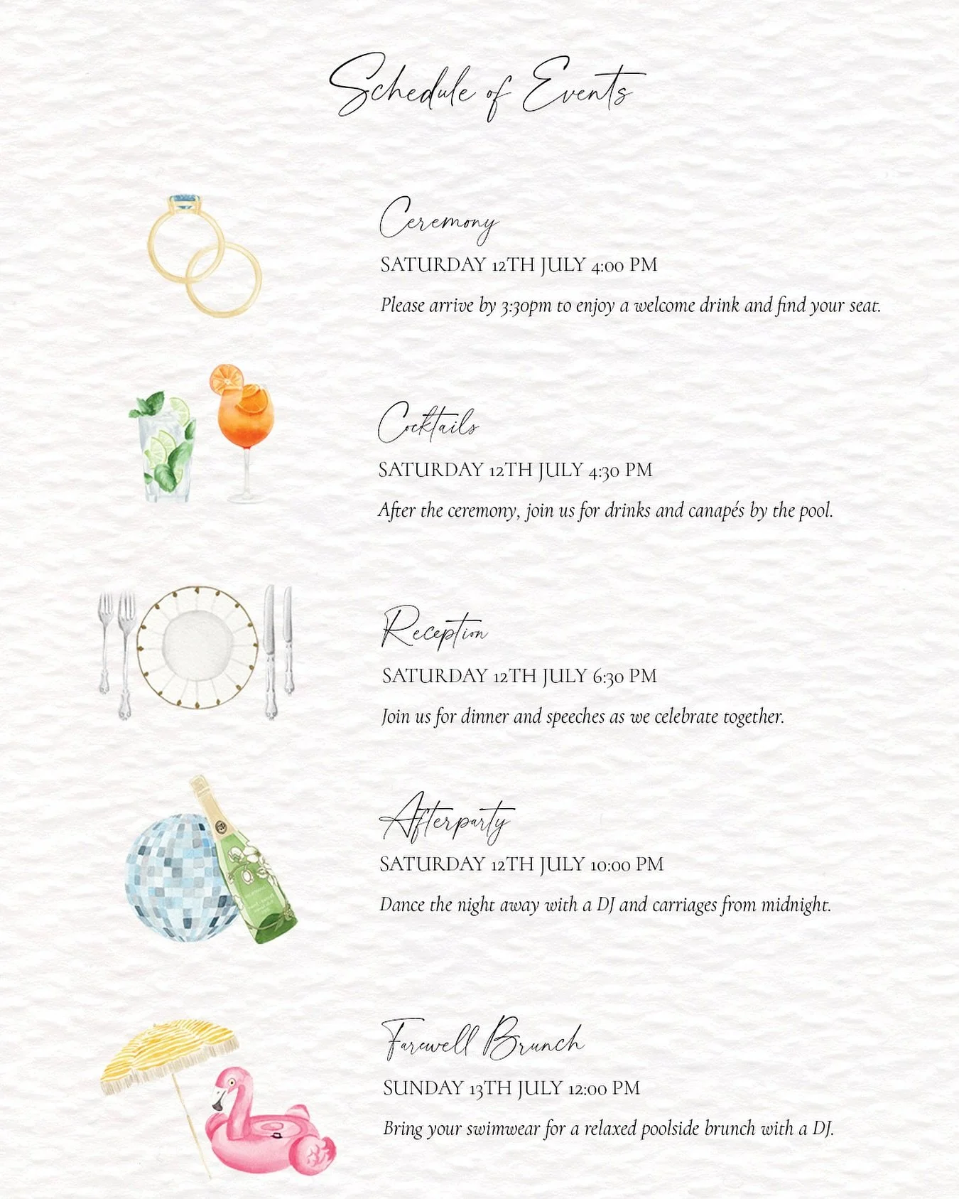 A schedule of events is the perfect addition to your invitation suite, especially if you are hosting events across several days. It provides an opportunity to introduce some fun illustrated icons and gets guests excited for all the celebrations to co