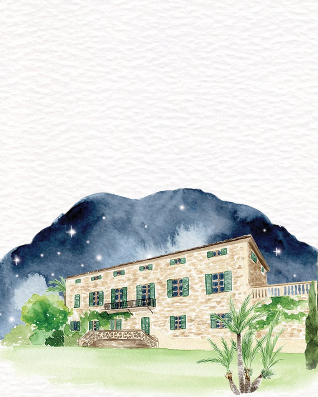 A watercolour illustration of @fincasonmir, Mallorca. I painted this venue against a starlit sky to reflect the couple's love of stargazing and their hope for guests to join this ritual on their wedding day.

#fincasonmir #mallorcawedding #destinatio