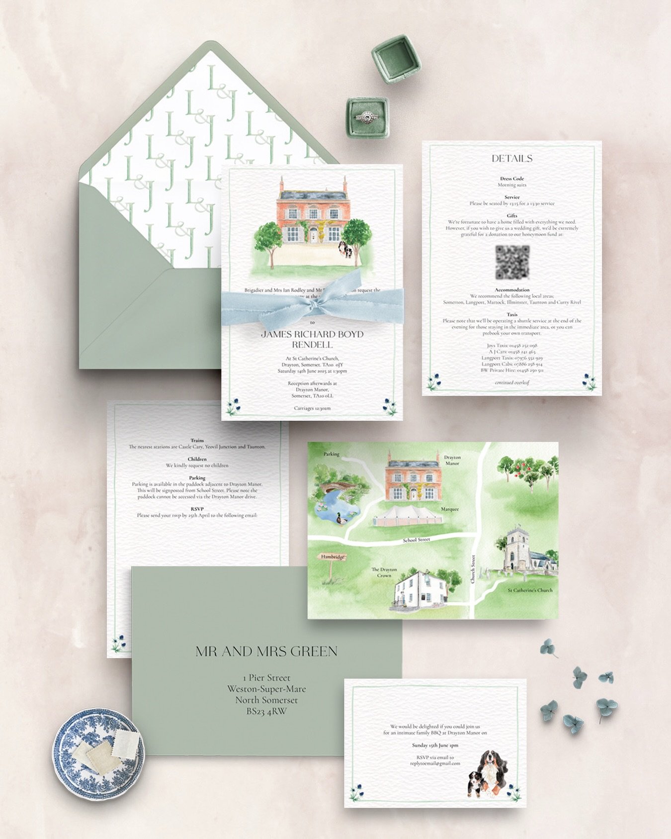 A bespoke suite for L&amp;J which included a venue painting, watercolour map, custom monogram, pet portraits and luxury silk ribbon. The perfect introduction to a stunning wedding in Somerset. Loved designing this with you @clairedomonteweddings
⠀⠀⠀⠀