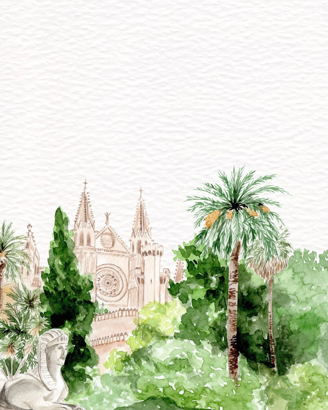 The iconic towers of Palma cathedral, painted through the lush green gardens and surrounding palm trees. The perfect addition to a destination wedding map of Mallorca.​​​​​​​​
​​​​​​​​
#mallorcawedding #destinationweddinginvitations #weddingmap #besp
