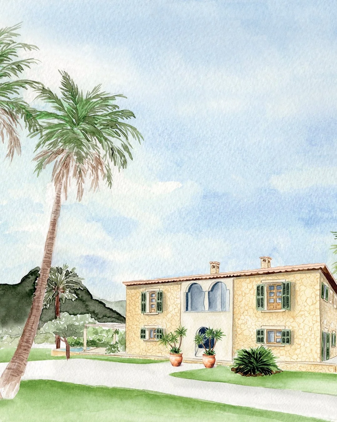 A venue illustration is the perfect way to customise your wedding invitations and excite everyone for the celebrations to come.​​​​​​​​
​​​​​​​​
I love the pale yellow, terracotta and palm green palette of this painting - perfect for a destination we