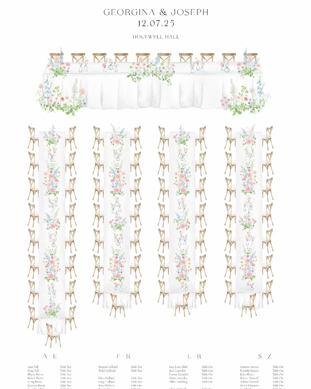 Every guest at your wedding will interact with your seating chart so let's make it memorable. If we work together to create a custom seating chart I'll paint your tables, chairs, centre pieces and floral installations to create something truly unique