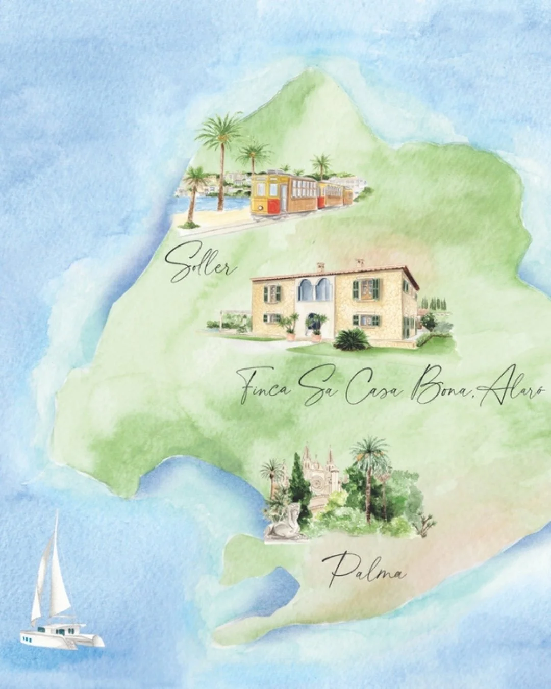 A watercolour wedding map of Mallorca with beautiful tones of green and aqua to reflect the island setting. We incorporated the venue and local town as well as Palma&rsquo;s iconic Gothic Cathedral.

Nothing says adventure quite like a handpainted ma