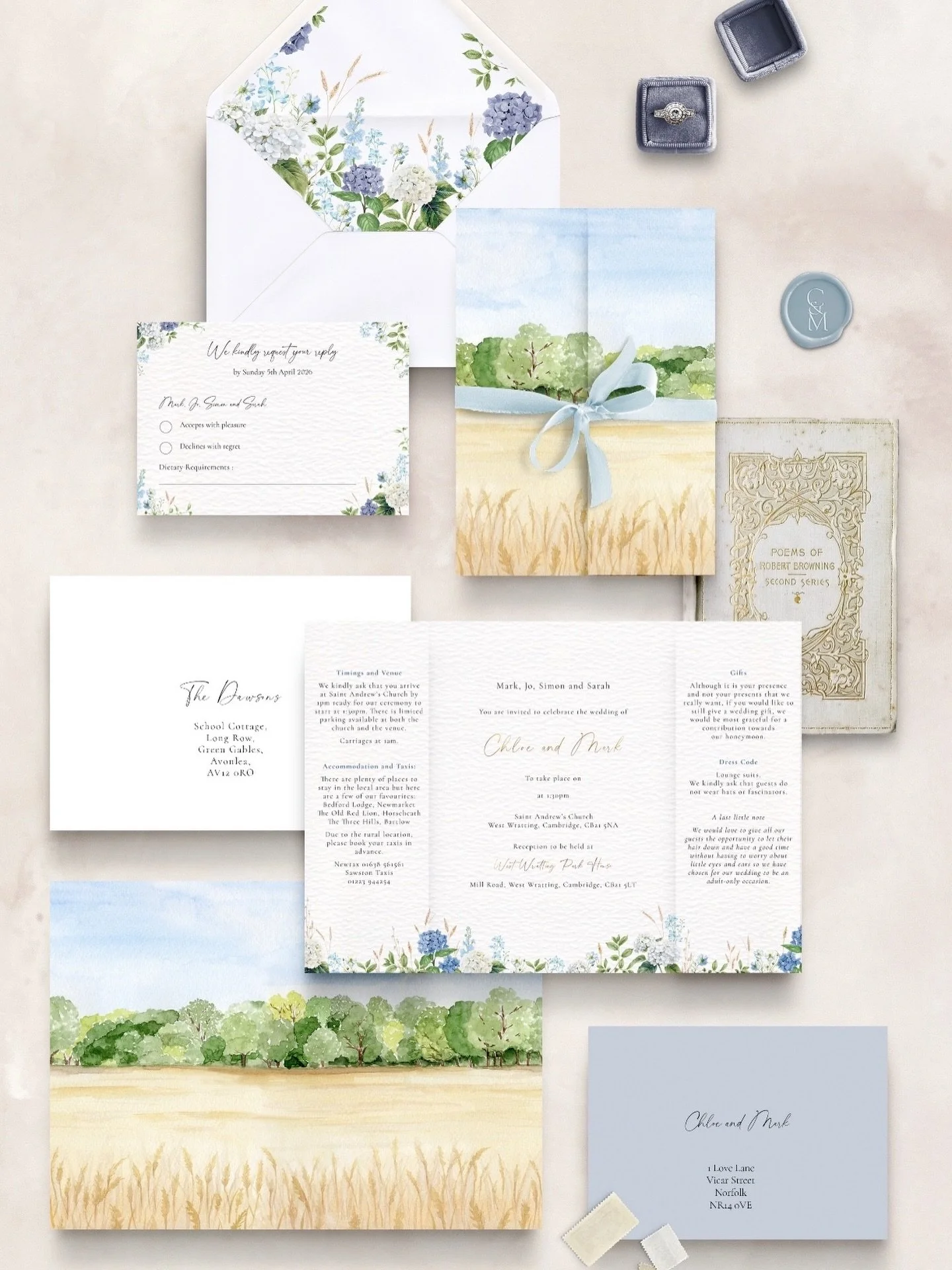A custom gatefold wedding invitation. This is one of my favourite suites I&rsquo;ve ever worked on - I adore the blue and soft yellow colour palette and the hint of gold foil for a luxurious finish. 
⠀⠀⠀⠀⠀⠀⠀⠀⠀
The cover artwork was designed to wrap f