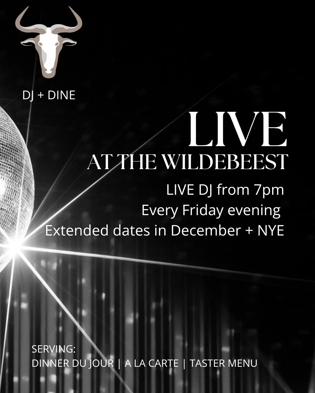 ๐ง DJ + DINE - EVERY FRIDAY NIGHT + extended December Dates
๐ฝ๏ธ We’re complementing the dining experience with a carefully-curated LIVE DJ every Friday night from 7pm.
Designed to bring you a music and food experience. Music can play a signif