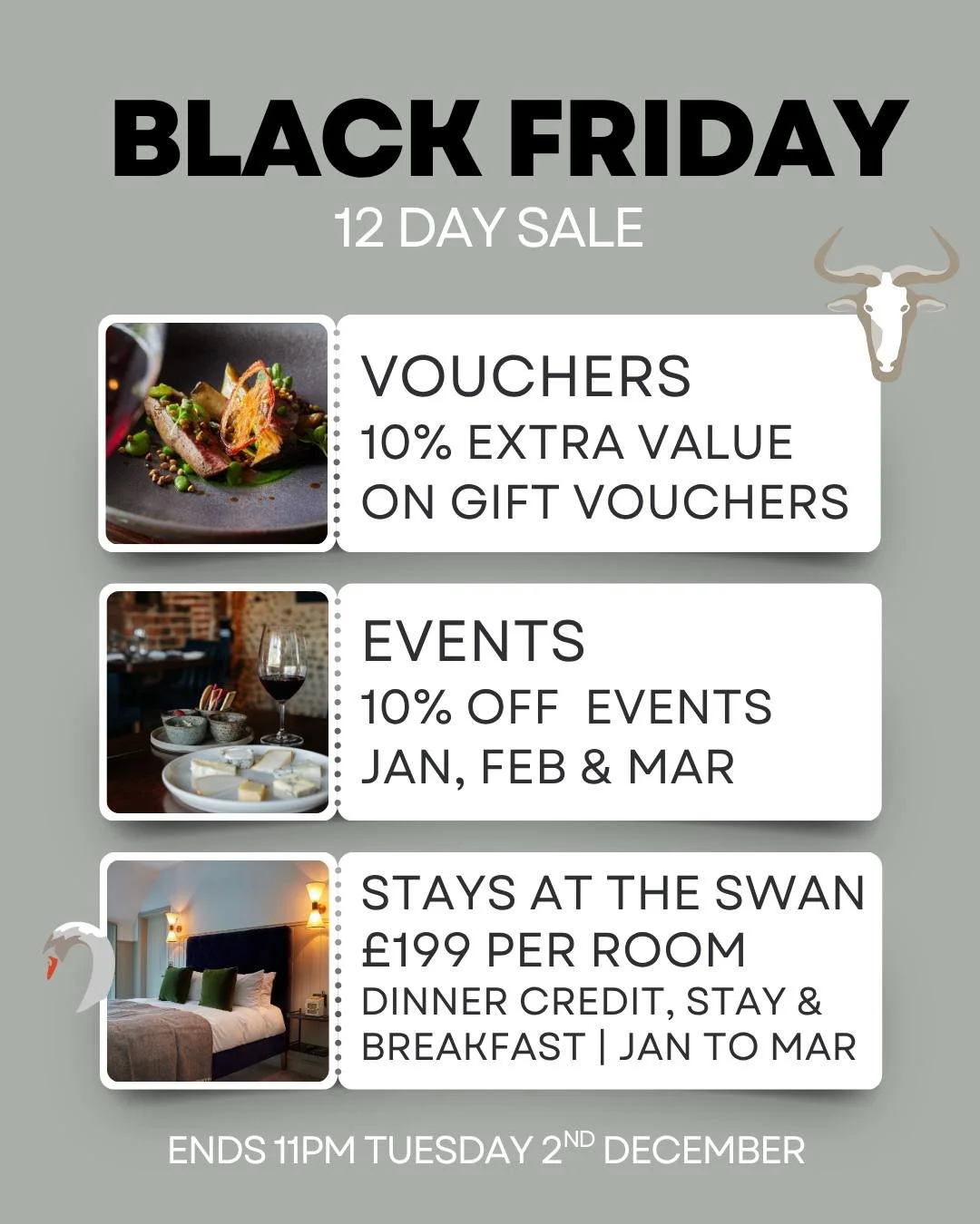 Black Friday Savings - Sale NOW LIVE

➡️ Gift Vouchers - get 10% EXTRA VALUE on Gift Vouchers when you spend &pound;75+ BUY VOUCHERS 

➡️ Events - save 10% on our Jan, Feb &amp; Mar special events. &pound;25pp deposit required when booking. Balance d