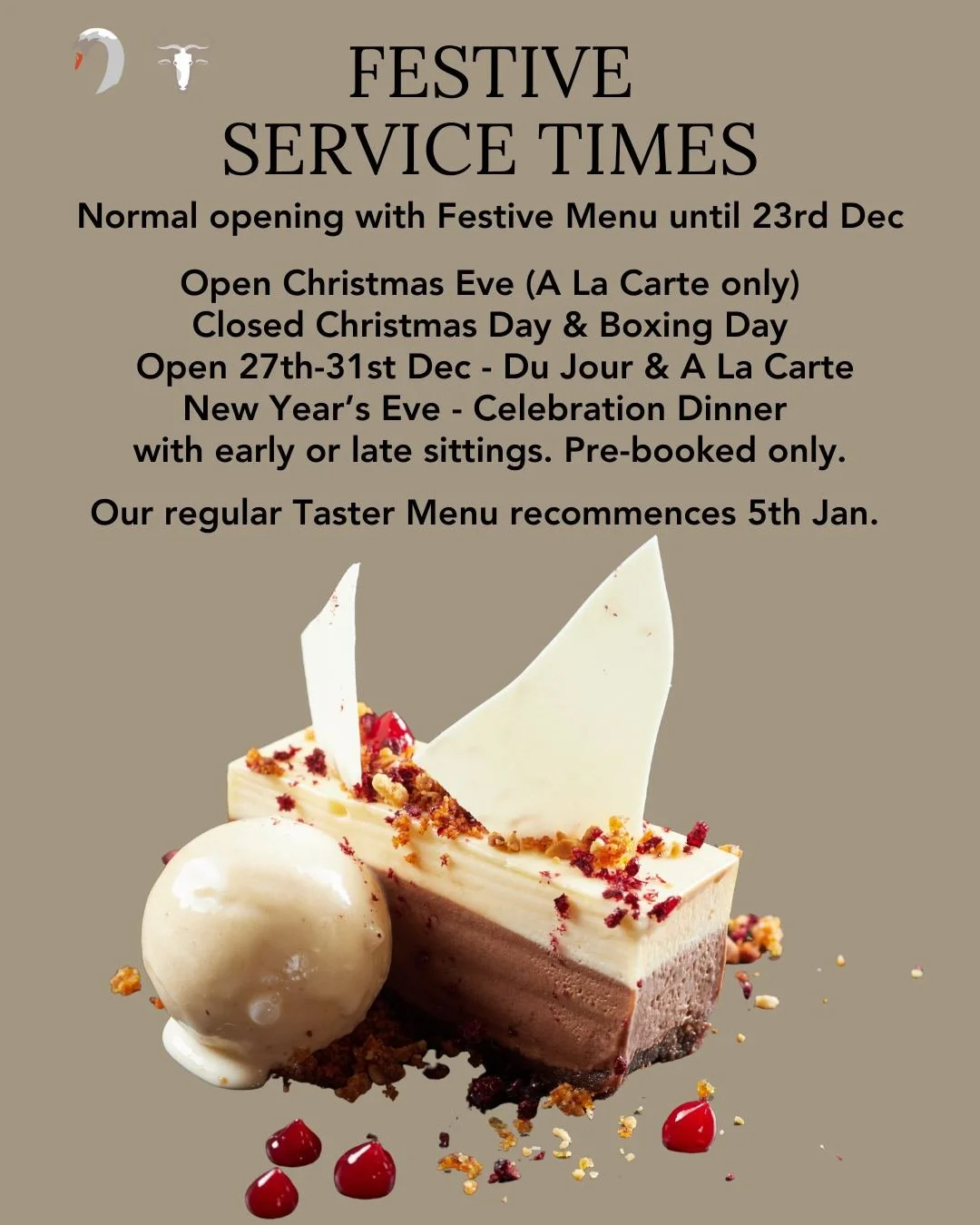 Christmas to New Year... we look forward to welcoming you to The Wildebeest this festive period. Here's a reminder of our service times.

www.thewildebeest.co.uk