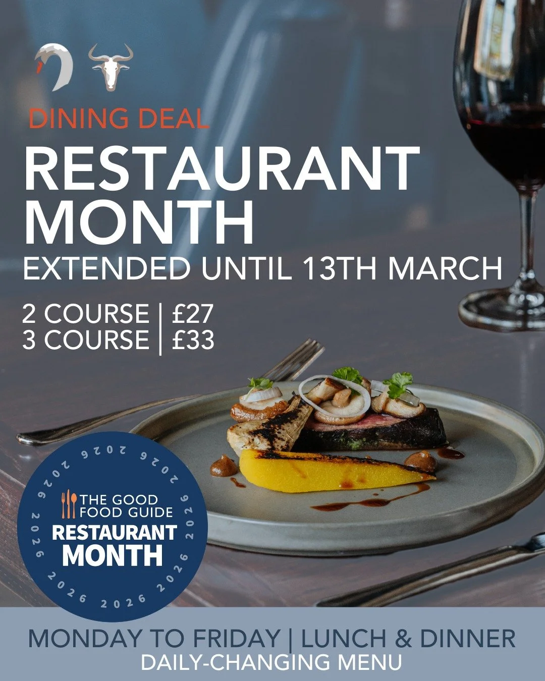 You asked&hellip; we listened! We&rsquo;ve extended our Dining Deal.

Restaurant Month | extended to 13th March
2 Courses &pound;27.00 / 3 Courses &pound;33.00
View sample menu and book via our LINK IN BIO.

We&rsquo;ve partnered with @goodfoodguideu