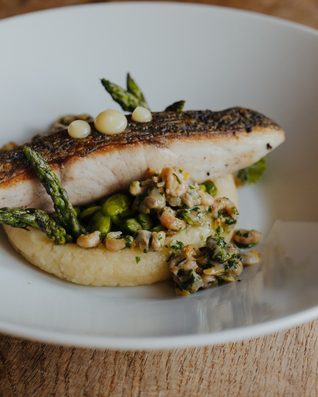 Pan Fried Stone Bass, Pomme Puree,  Green Vegetables, Brown Shrimp, Cockles, Parsley Noisettes

Dining at The Wildebeest
View our Sample Menus
https://www.thewildebeest.co.uk/about-our-food