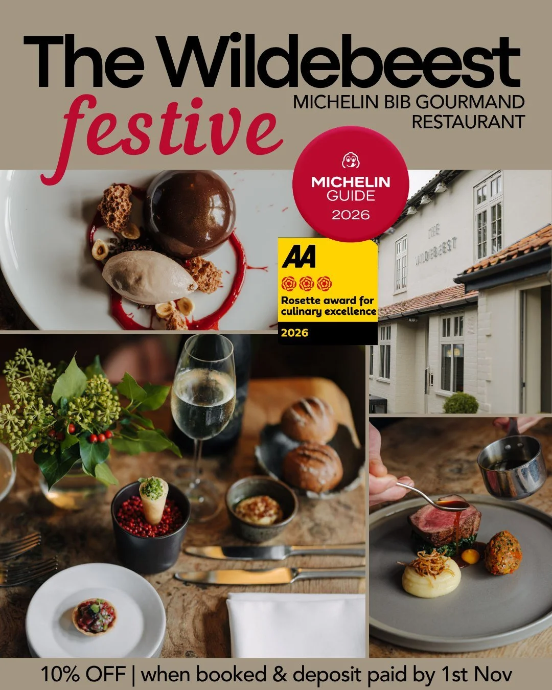 Five courses. One very festive occasion at The Wildebeest.

Our 5 Course Festive Menu is made for seasonal get-togethers, bringing together a carefully considered menu for lunch and dinner throughout the festive period. Choice of Starters, Mains and 