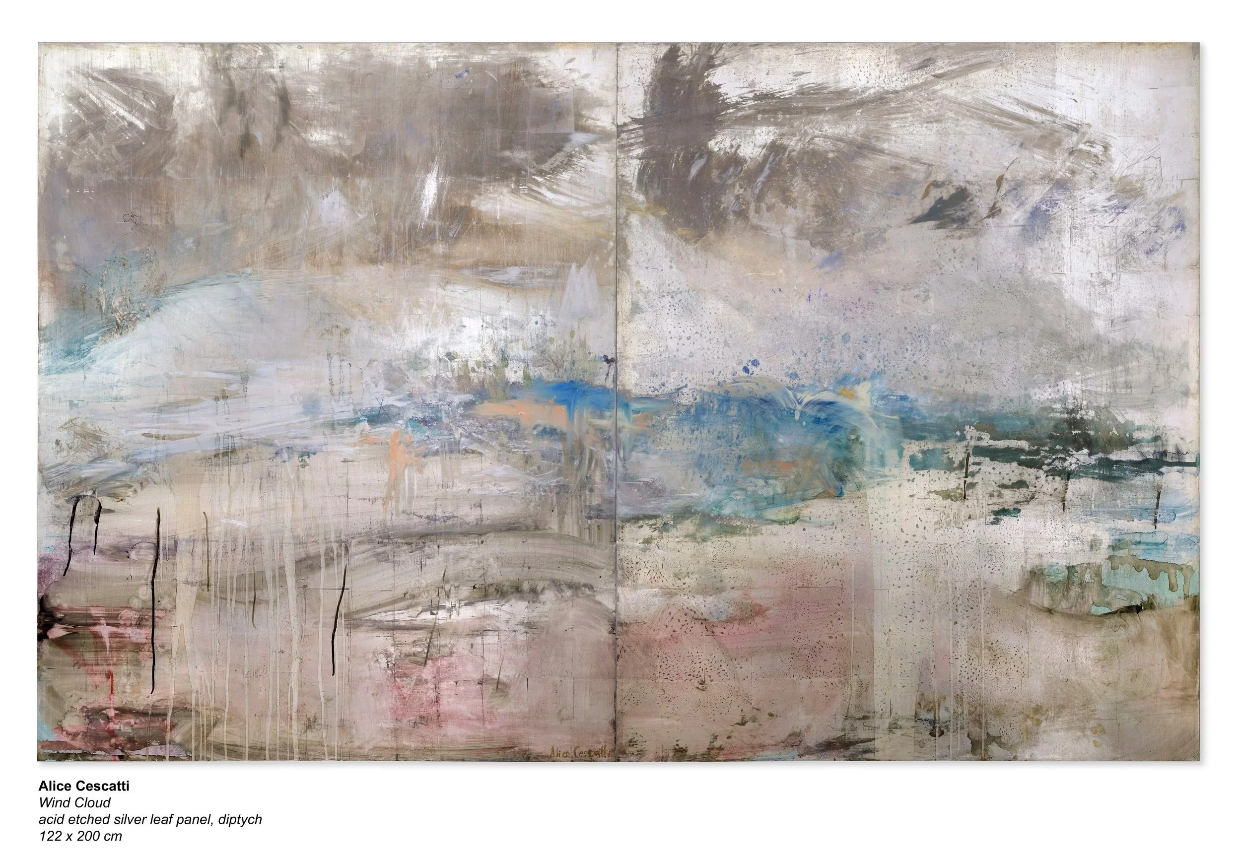 WINDCLOUD  /Diptych  Each panel 122x200x6cm Acid etched silver leaf panels