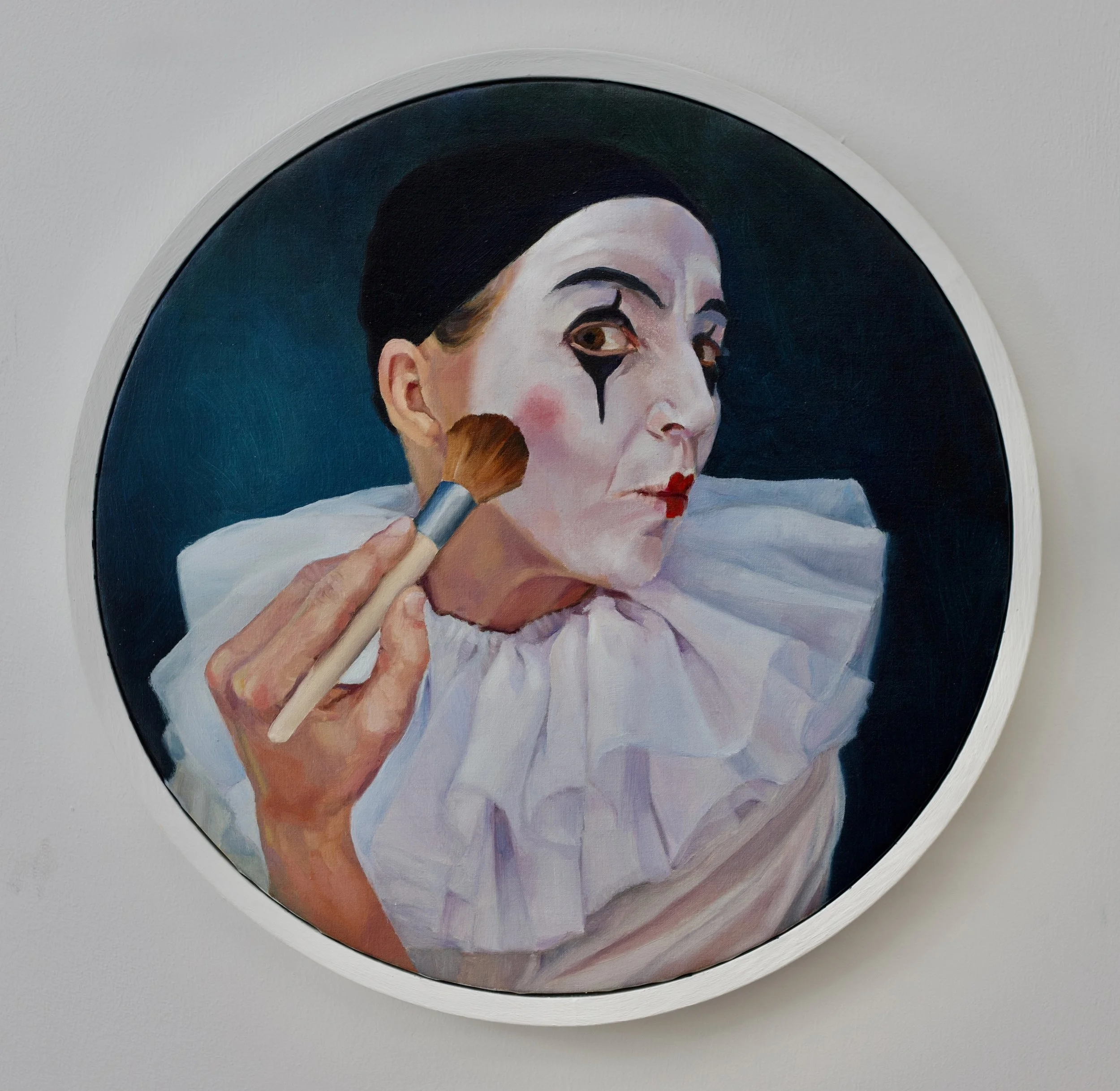 Becoming Pierrot  - 40 cm diameter - Oil on Linen - circular portrait -  £1800