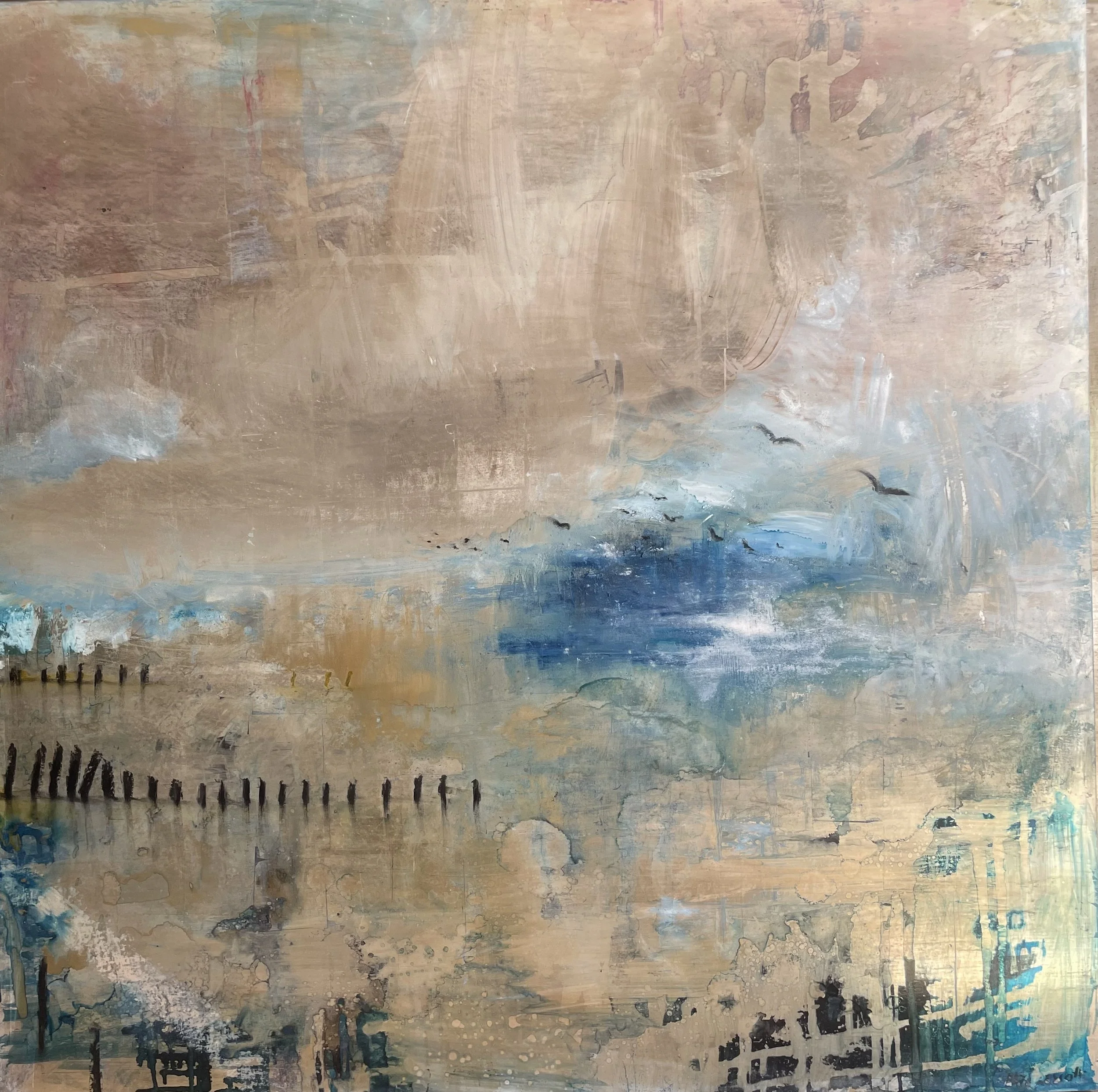EARLY MORNING FLIGHT £5800  120x120x6cm   Water Gilded Silver Leaf on Wood Panel 