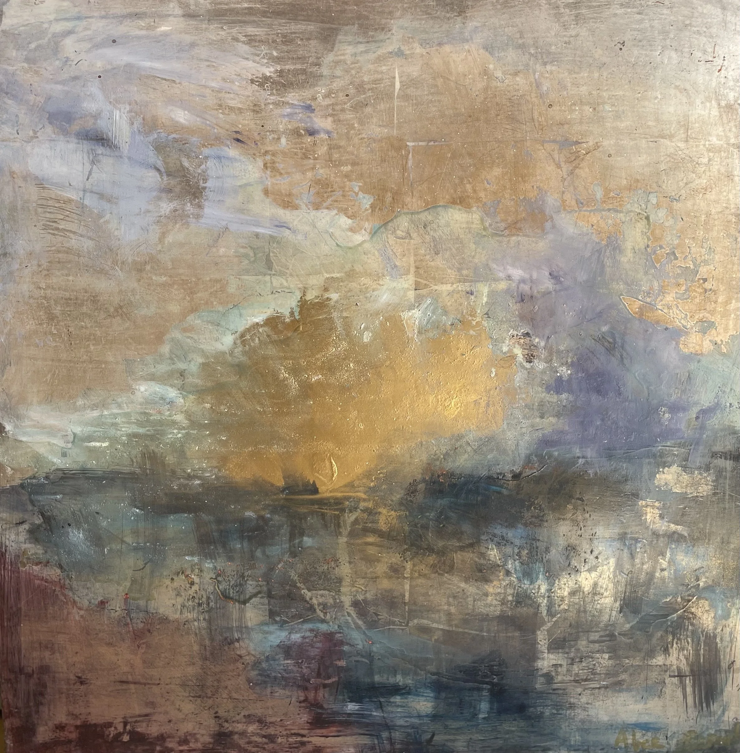 MEANDERING WATERS    £1600 - 50x50x6cm  Acid Etched  -  Water Gilded Silver Leaf Wood Panel