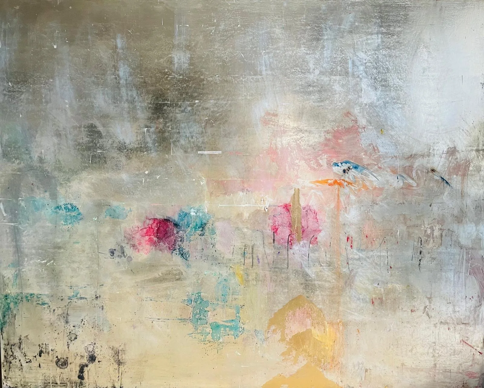 SYMPHONY £8500   120x150x6cm   Acid Etched Water Gilded Silver Leaf Wood Panel  