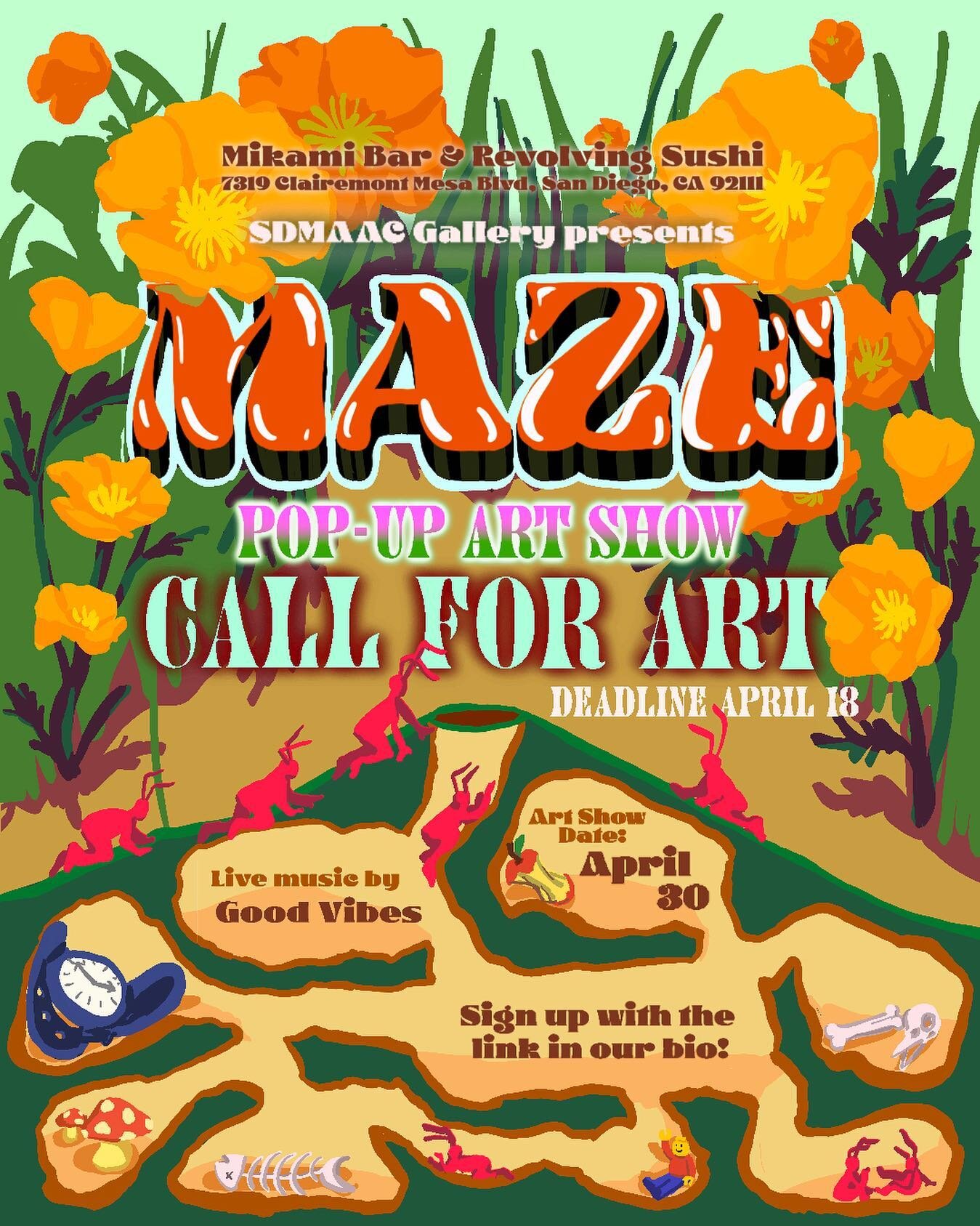 Hey Artists! Calling for art for SDMAAC Gallery&rsquo;s MAZE Pop Up Art Show event at Mikami Bar &amp; Revolving Sushi @ on SAT, April 30th from 6-10pm.

Join this opportunity as we make a night of showcasing original art, prints &amp; more by our ar